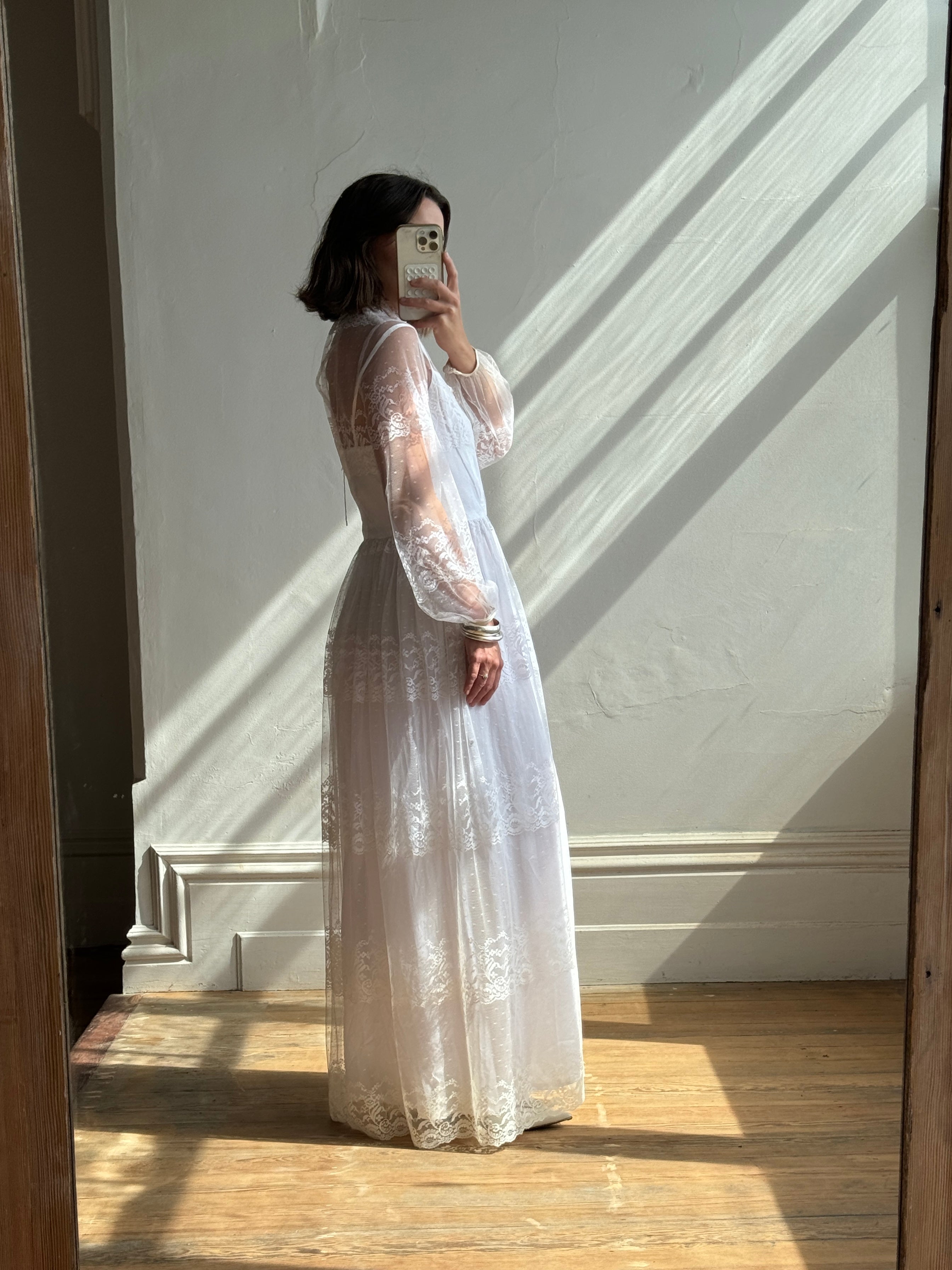 Vintage 70s Lace Long Sleeved High Neck Wedding Dress
