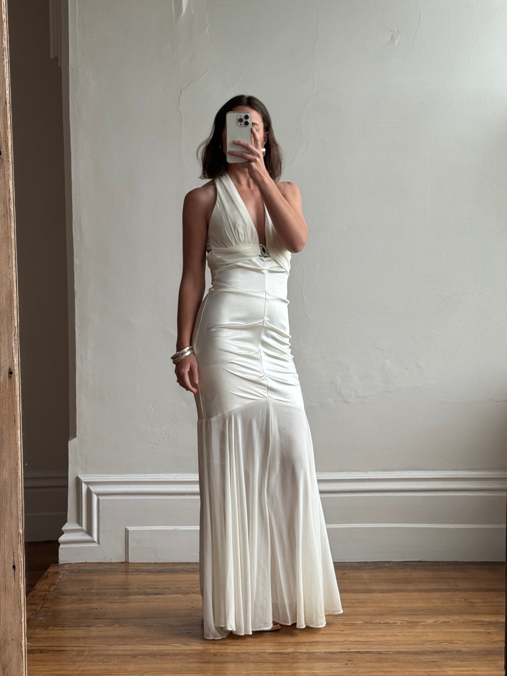 Vintage Y2K USA Made Mermaid Satin Fluted Dress Ivory