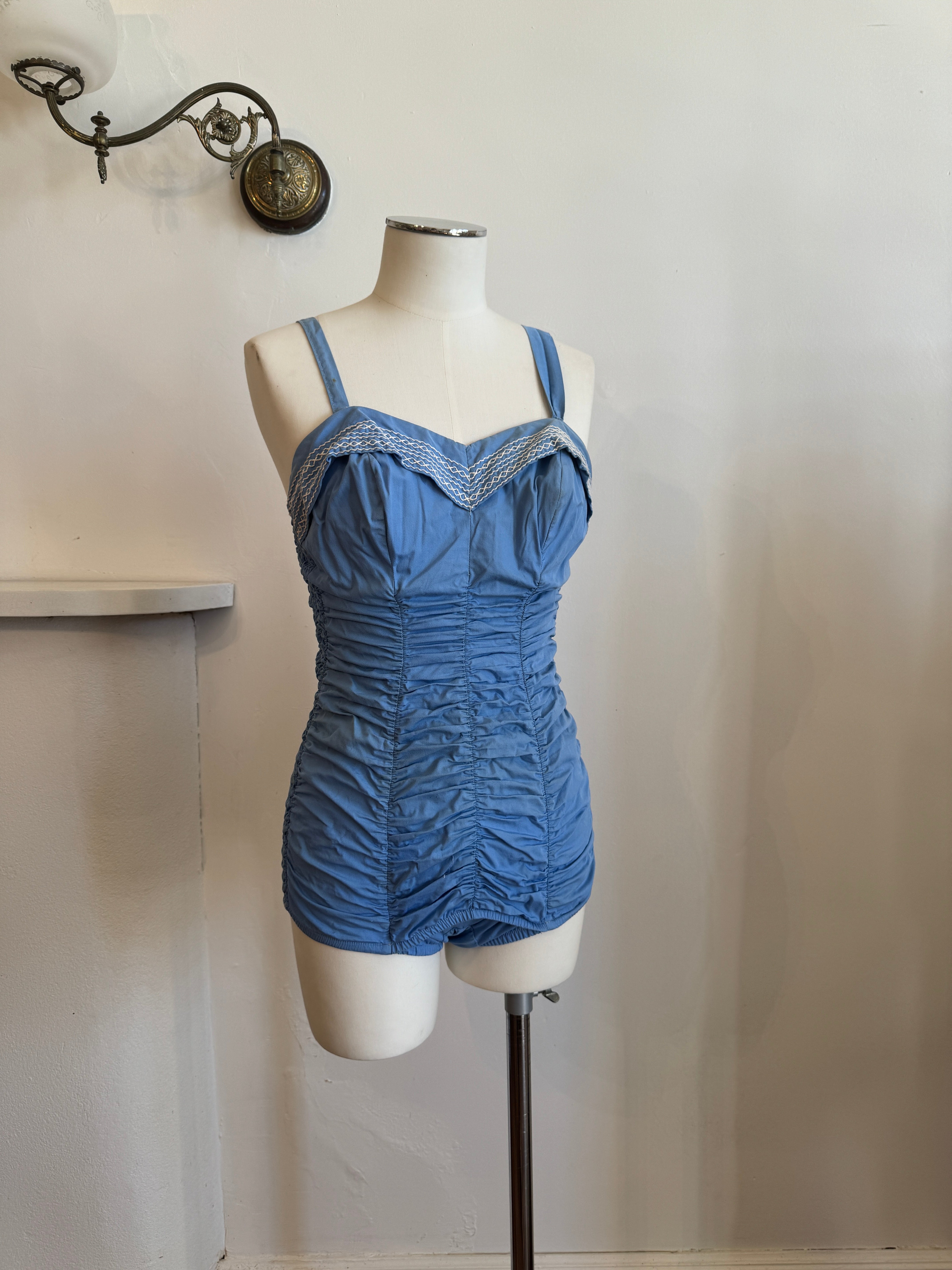 Vintage 1960s Cornflower Blue Ruched Swimsuit