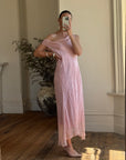 Vintage 90s Bias Beaded Sheer Asymmetrical Slip Dress Baby Pink