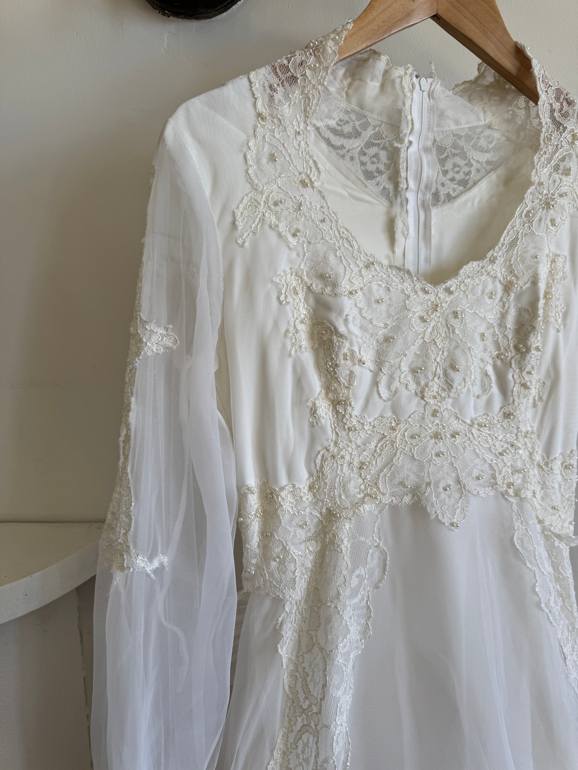 Vintage 60s Lace Wedding Dress With Pleated Ruffle Train