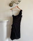 Vintage 90s One Shoulder Ruffle Jersey Dress Noir
