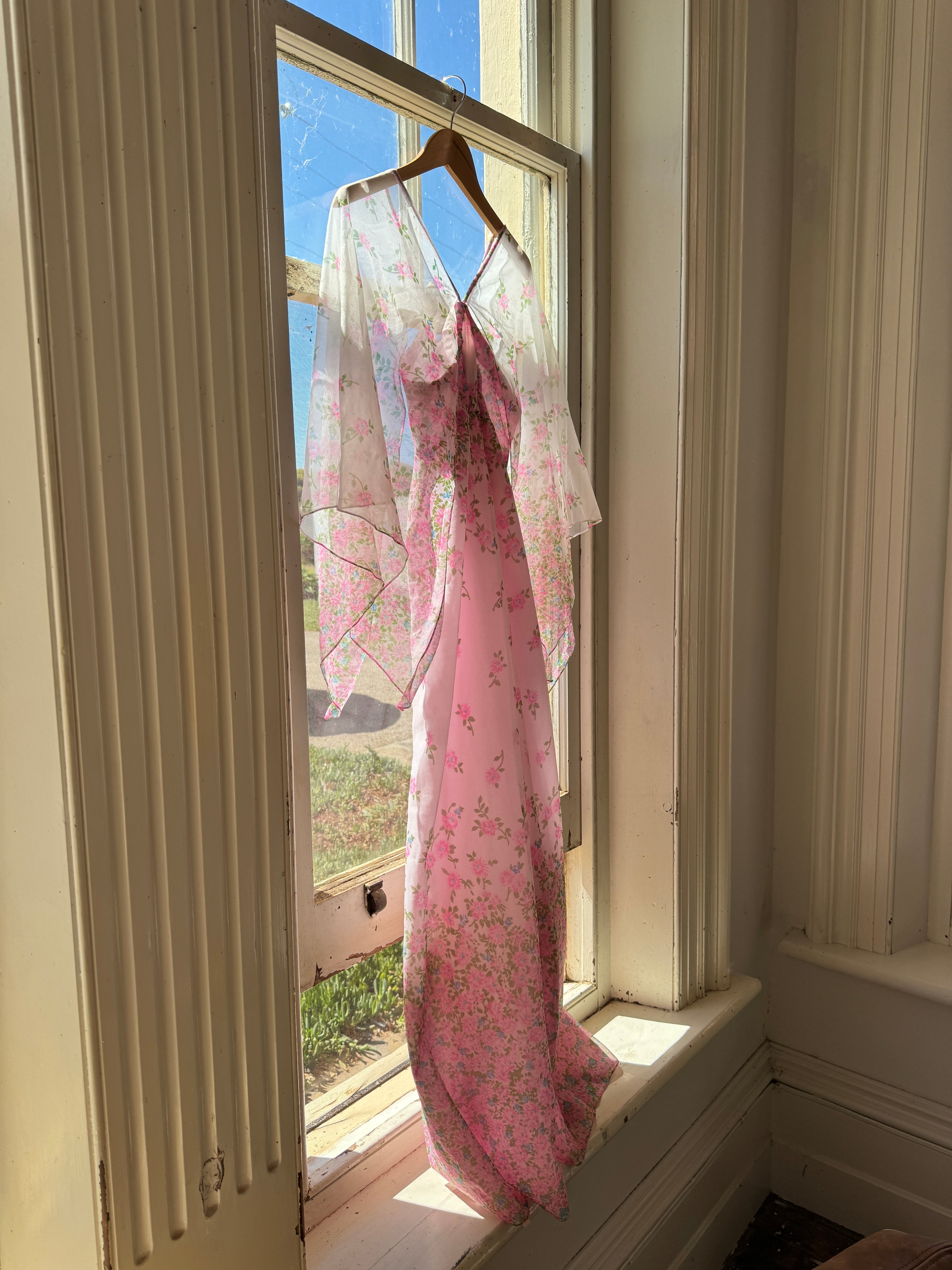 Vintage 70s Fairy Flower Garden Maxi Dress Pink