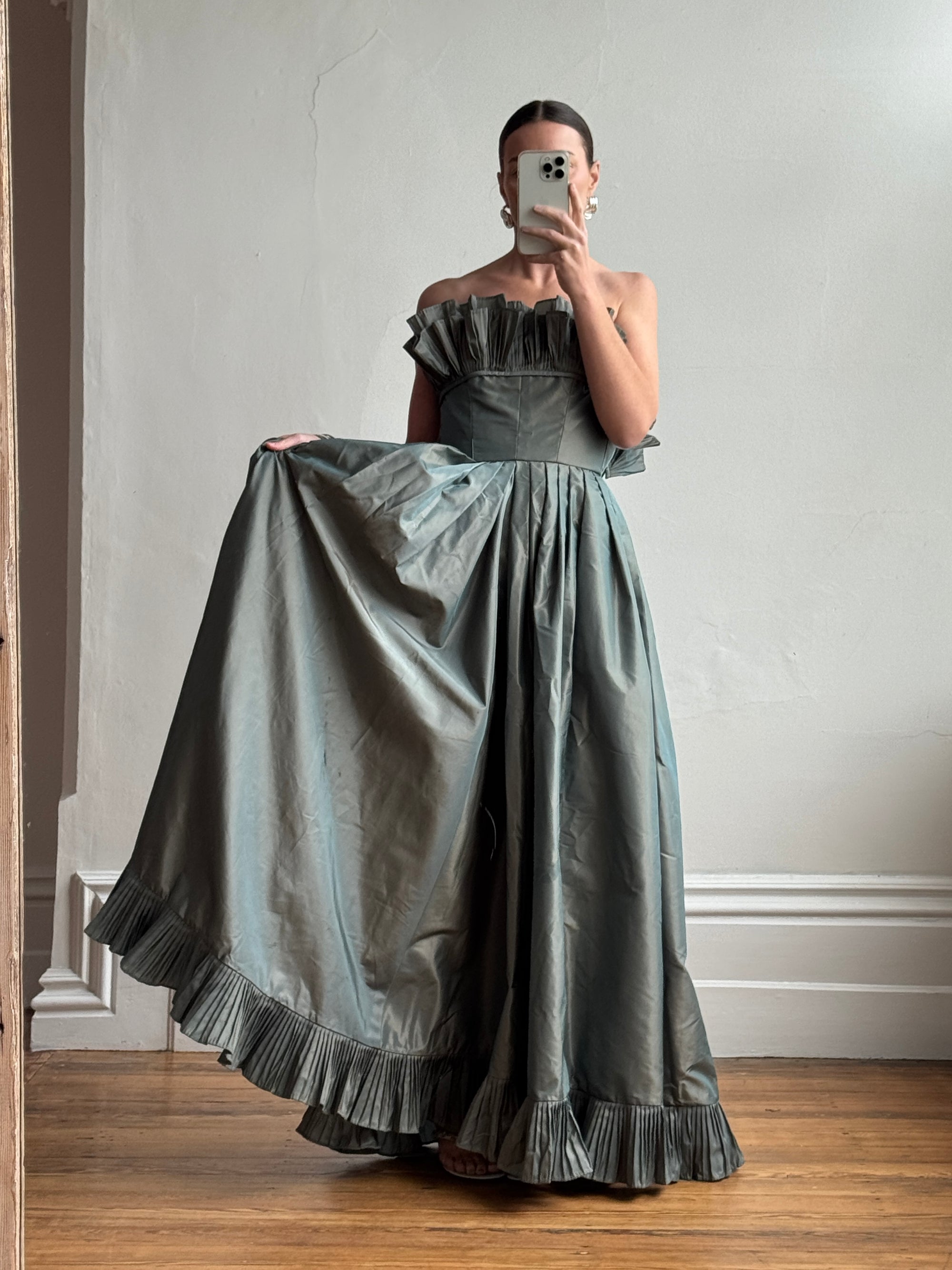 Vintage 80s Taffeta Pleated Strapless Gown Slate