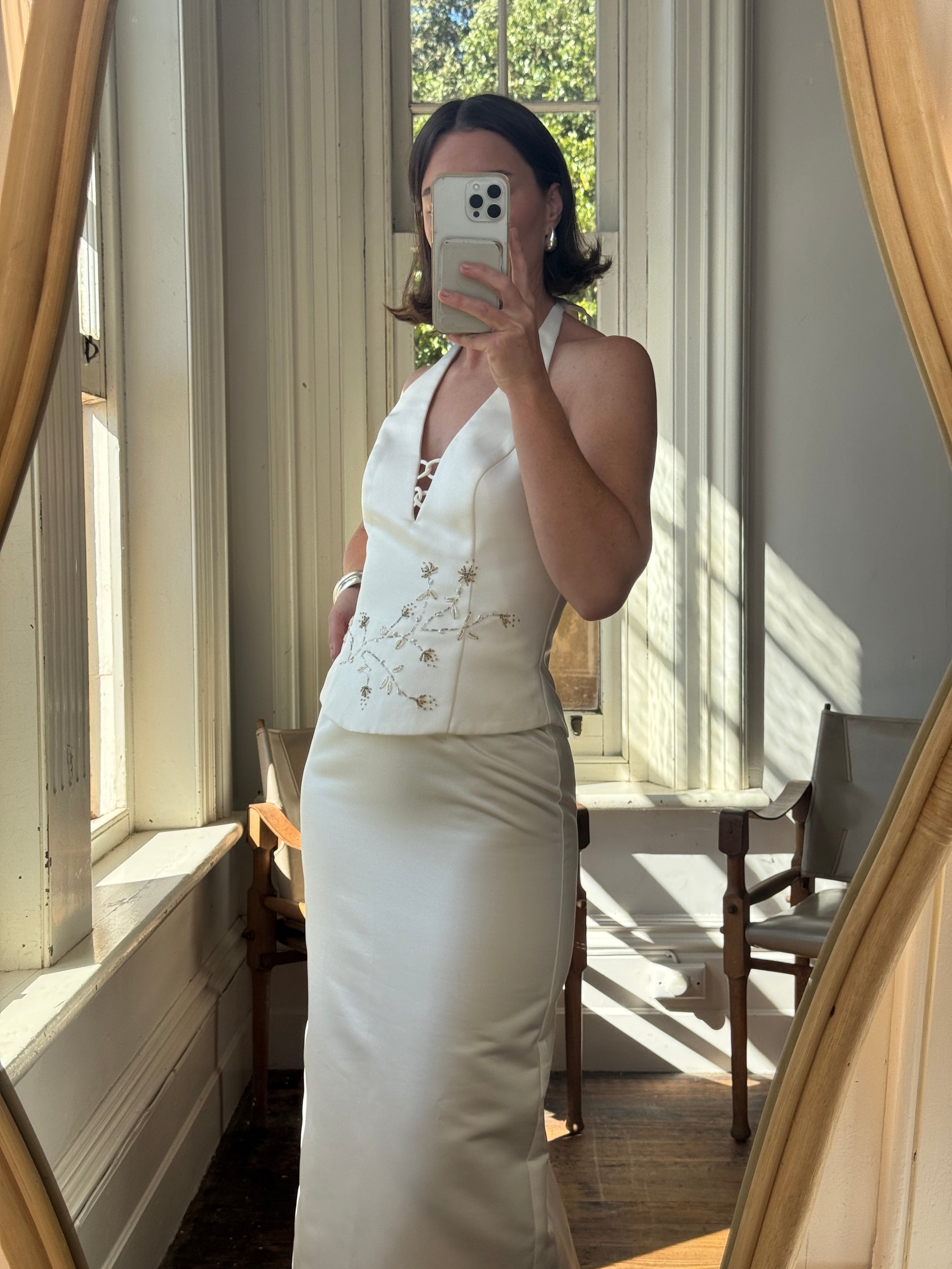 Vintage 90s Halter Two Piece Embellished Satin Wedding Set