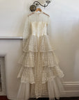 Vintage 70s Tiered Lace and Tulle Long Sleeved Wedding Gown
