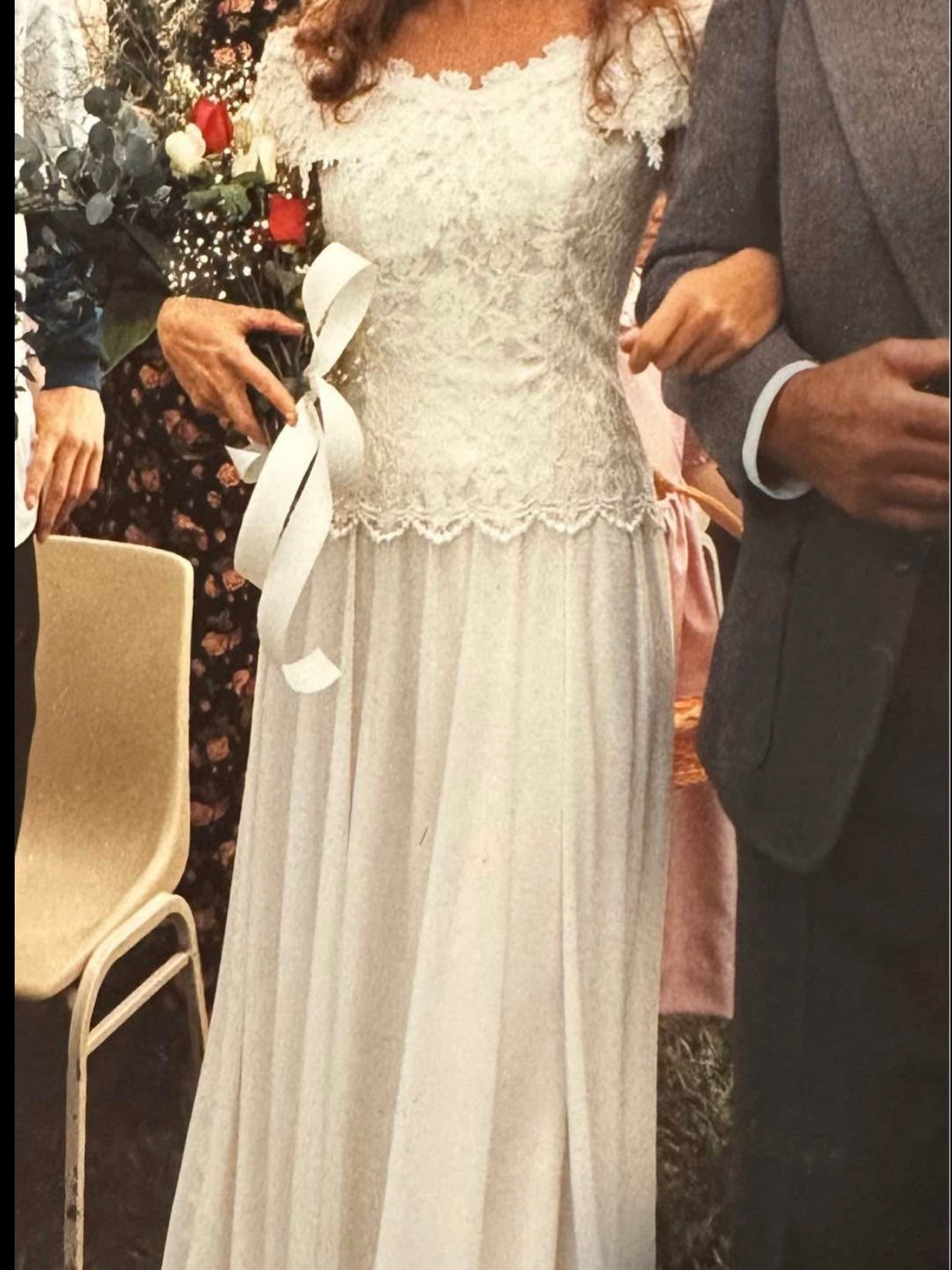 Vintage 90s Lace Off The Shoulder Chiffon Wedding Dress