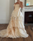 Vintage 90s Strapless Rosette Bubble Wedding Gown Peachy Creme