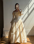 Vintage 90s Silk Dupion Off Shoulder Rosette Bridal Ballgown