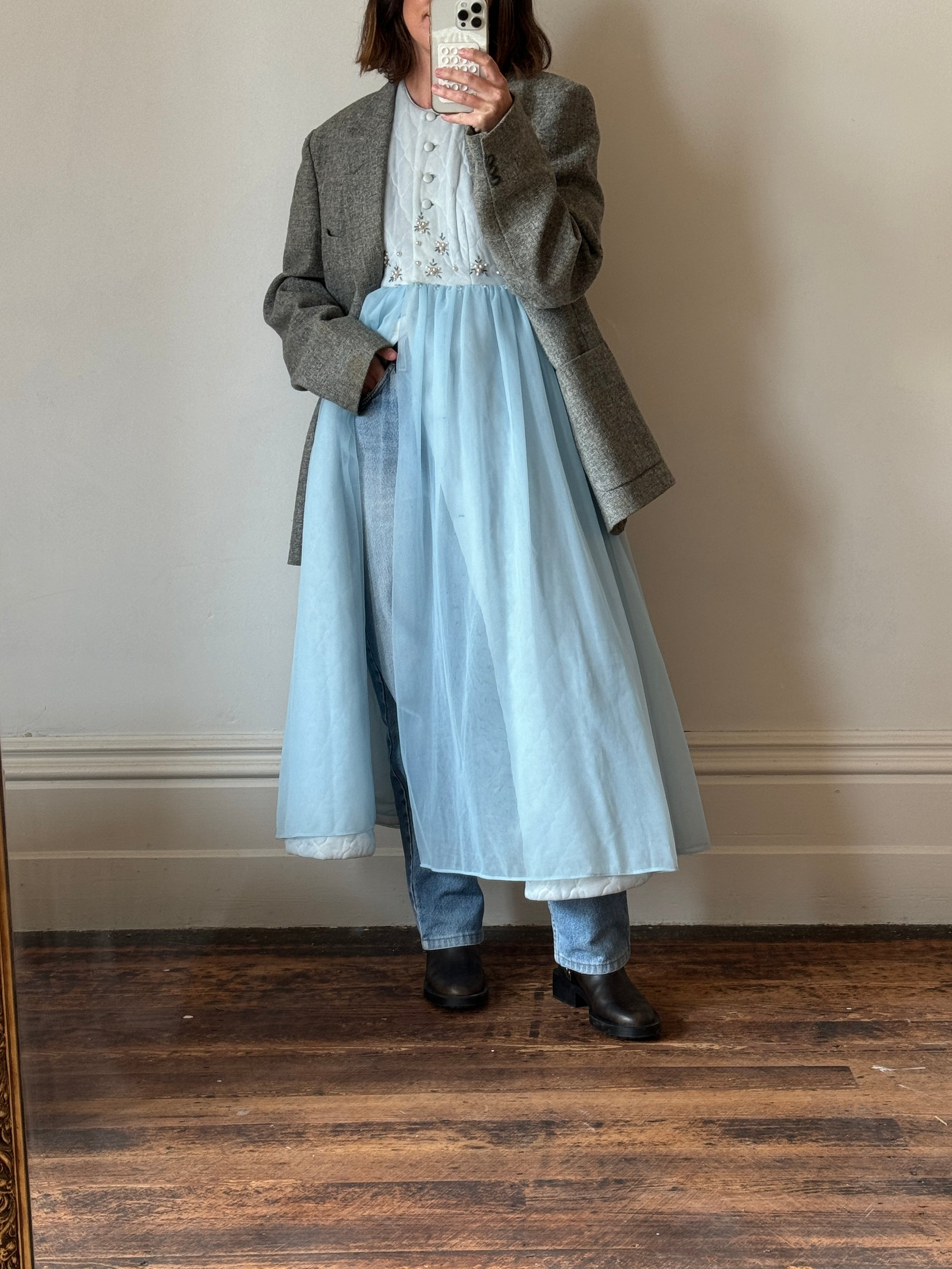 Vintage 50s Quilted Dress With Beading Baby Blue