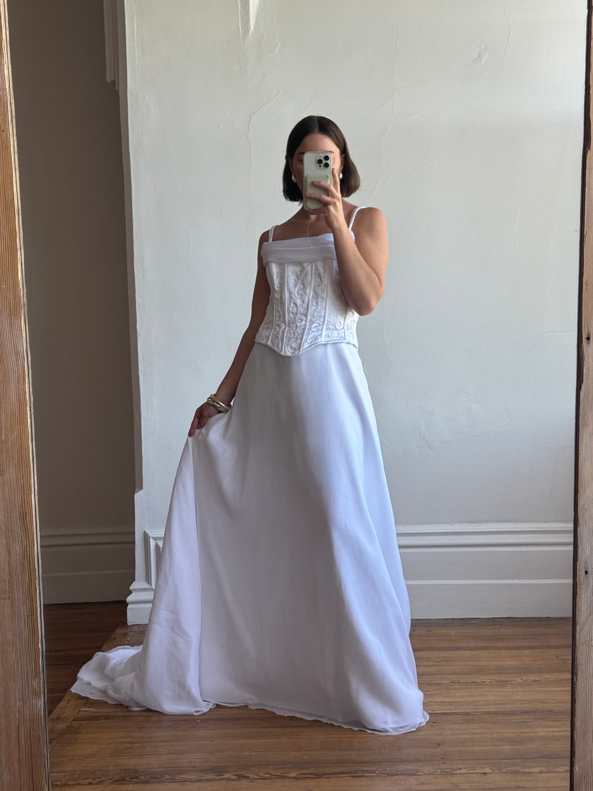Vintage 90s Embroidered Corset Cowl Neck Wedding Dress