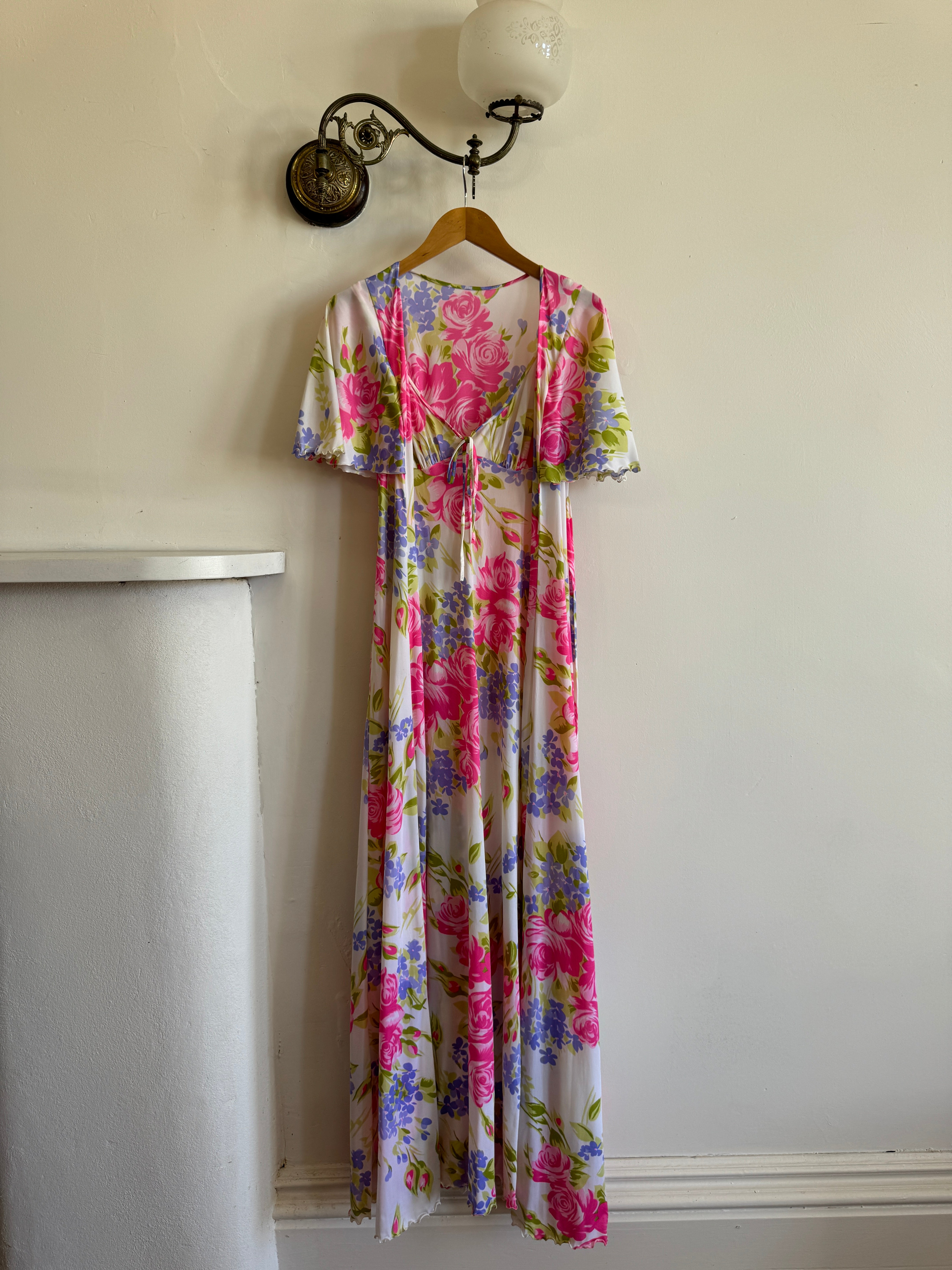 Vintage 70s Pink Floral Slip and Wrap Dress Set