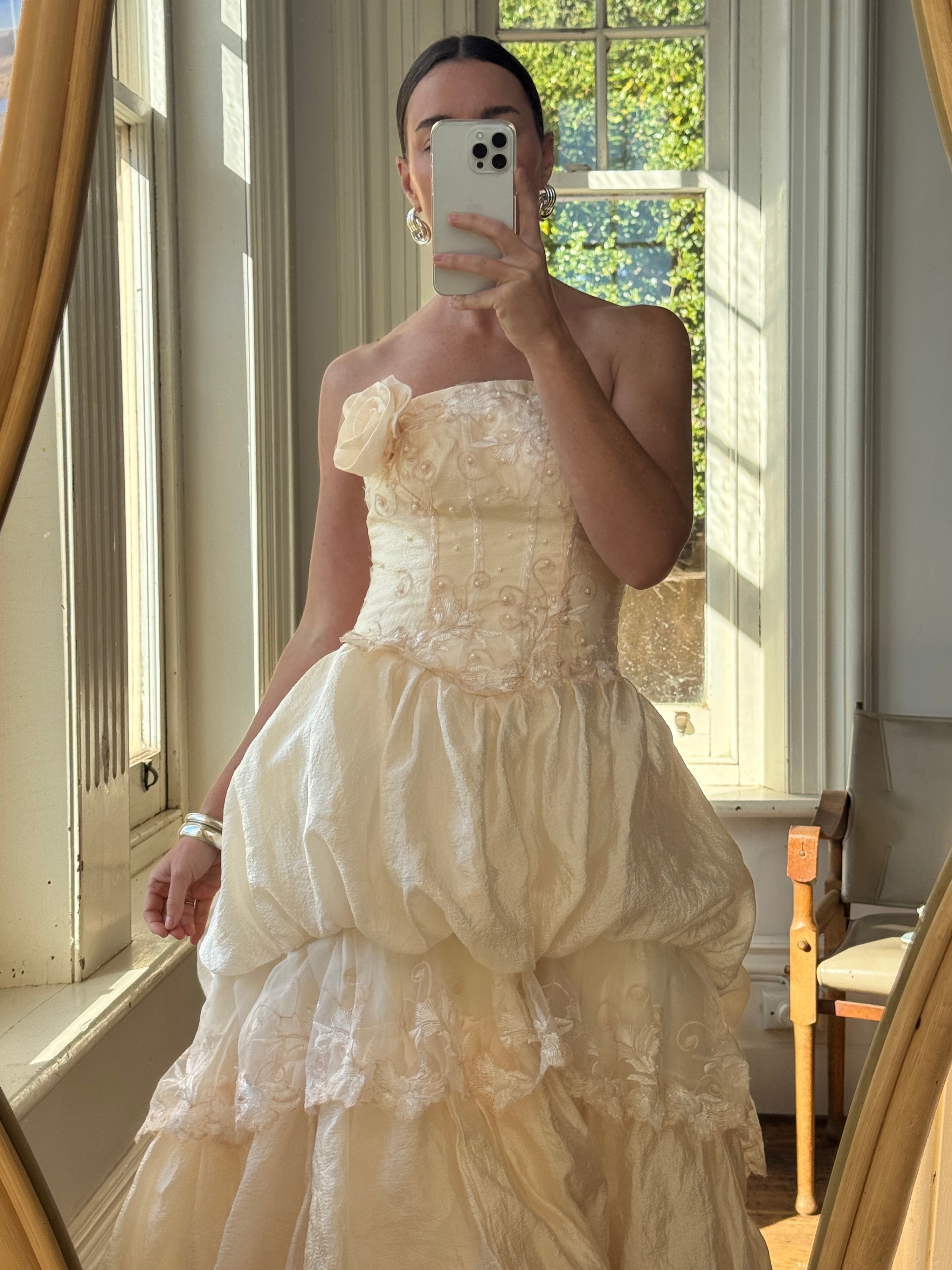 Vintage 90s Strapless Rosette Bubble Wedding Gown Peachy Creme