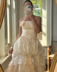 Vintage 90s Strapless Rosette Bubble Wedding Gown Peachy Creme
