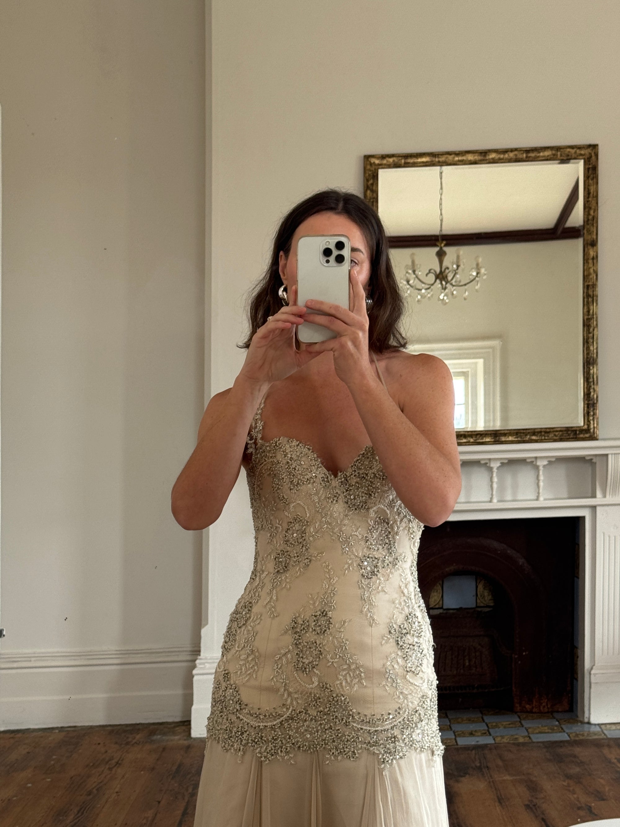 Vintage 90s Pure Silk Drop Waist Beaded Halter Gown with Cathedral Train