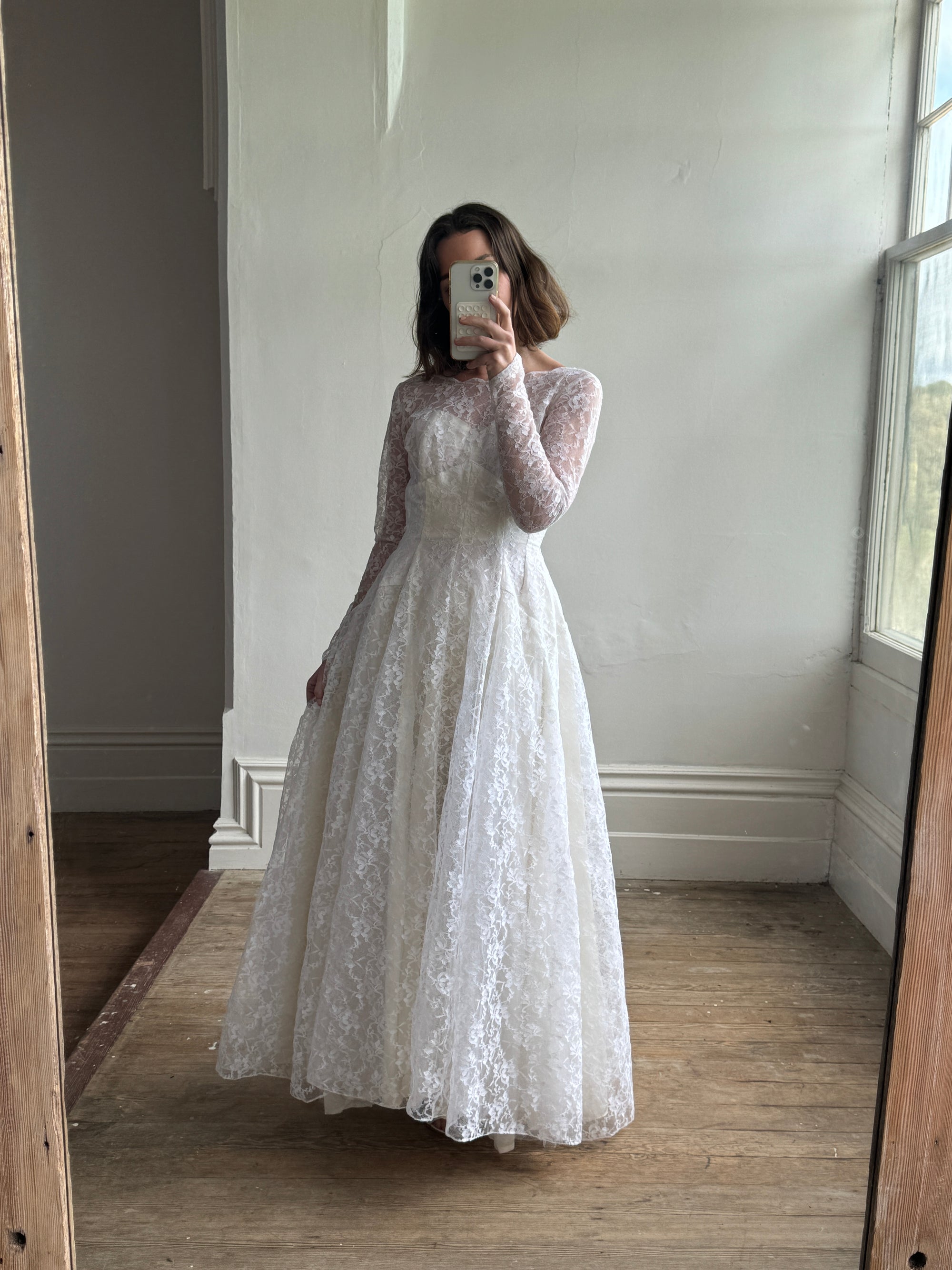 Vintage 50s Long Sleeved Princess Lace Bridal Gown