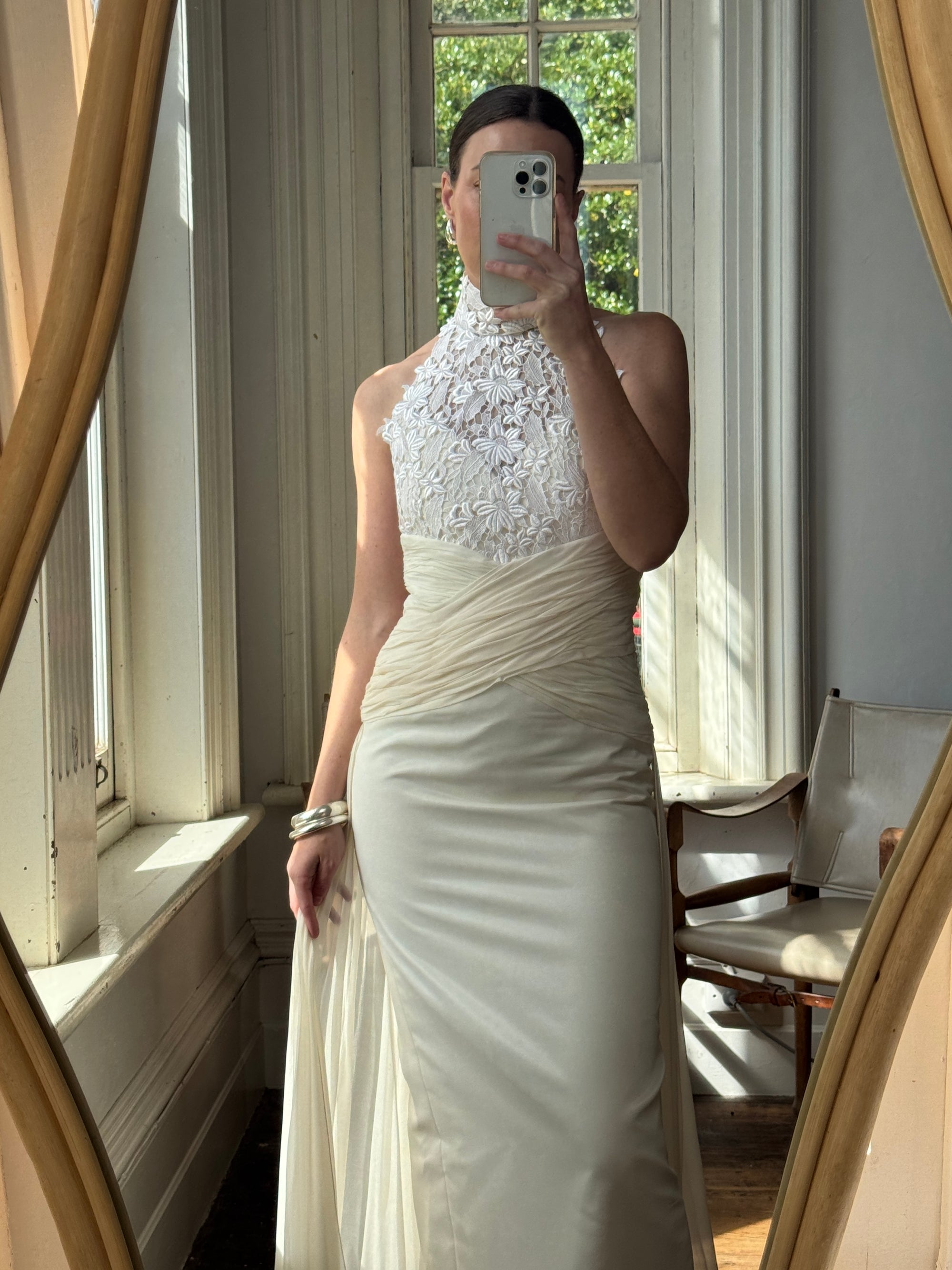 Vintage 90s High Front Lace Midi Dress with Pure Silk Train