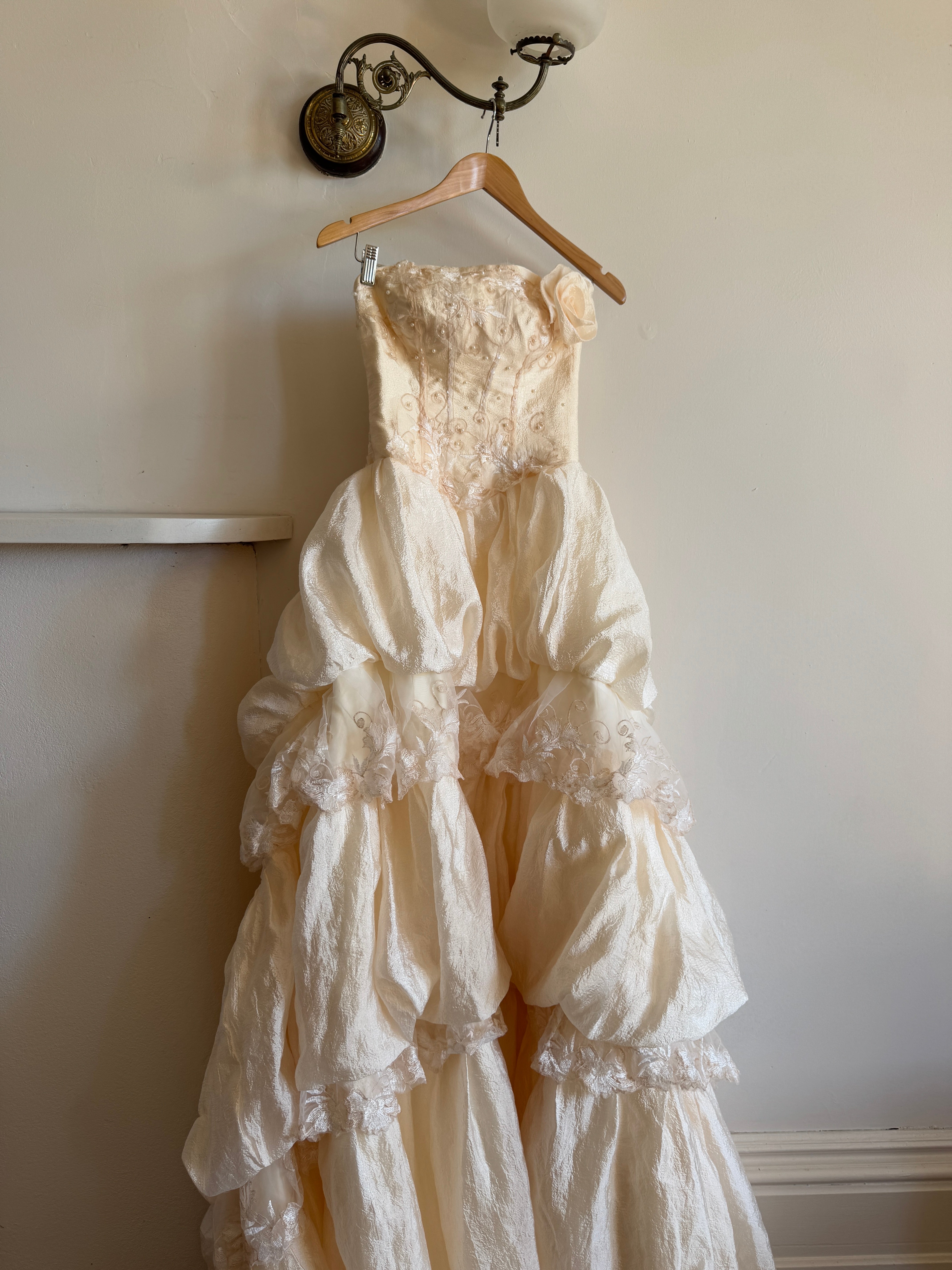 Vintage 90s Strapless Rosette Bubble Wedding Gown Peachy Creme