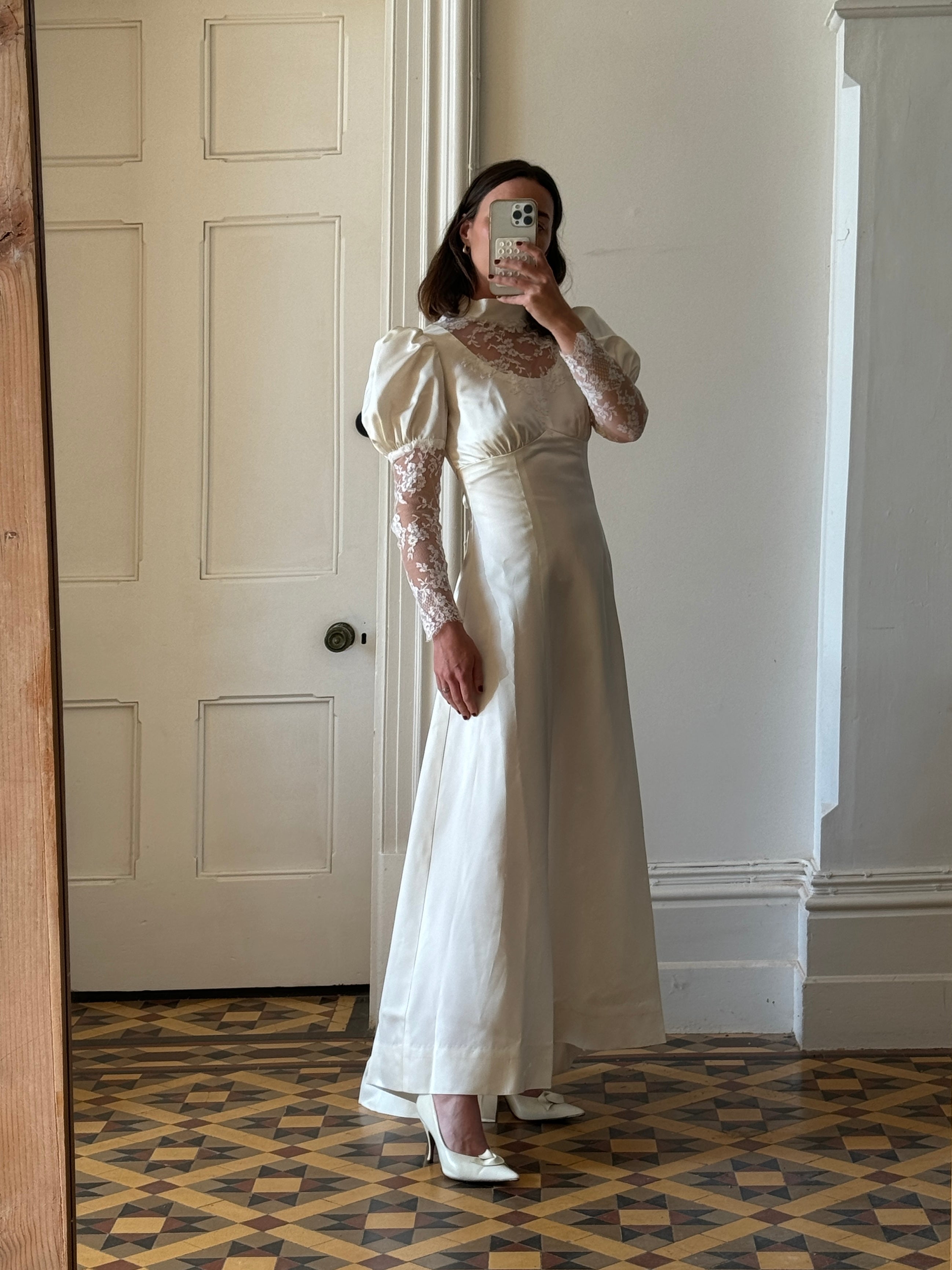 Vintage 80s Satin A-Line Wedding Gown with Puff Sleeves