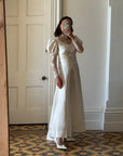 Vintage 80s Satin A-Line Wedding Gown with Puff Sleeves