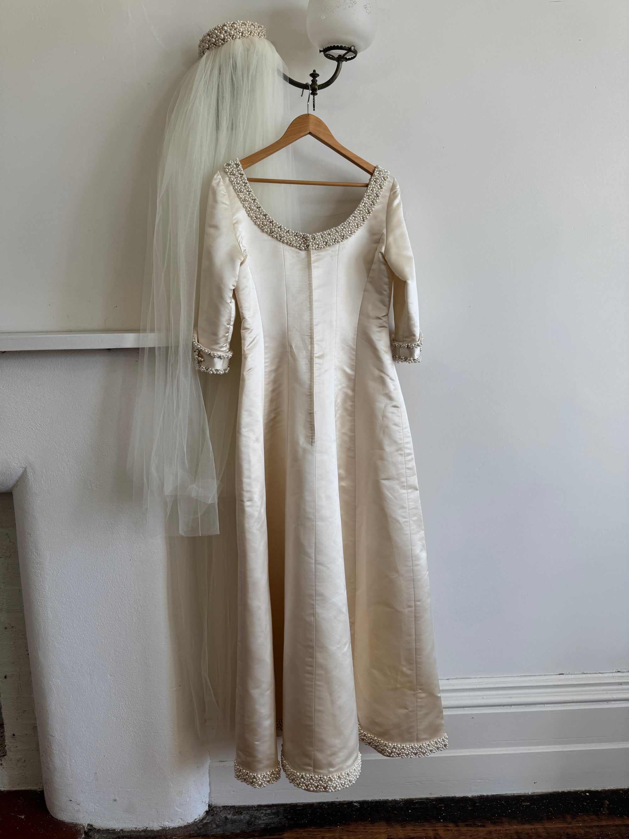 Vintage 90s Pure Silk Satin Baroque Scoop Neck Wedding Gown and Veil