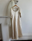 Vintage 90s Pure Silk Satin Baroque Scoop Neck Wedding Gown and Veil