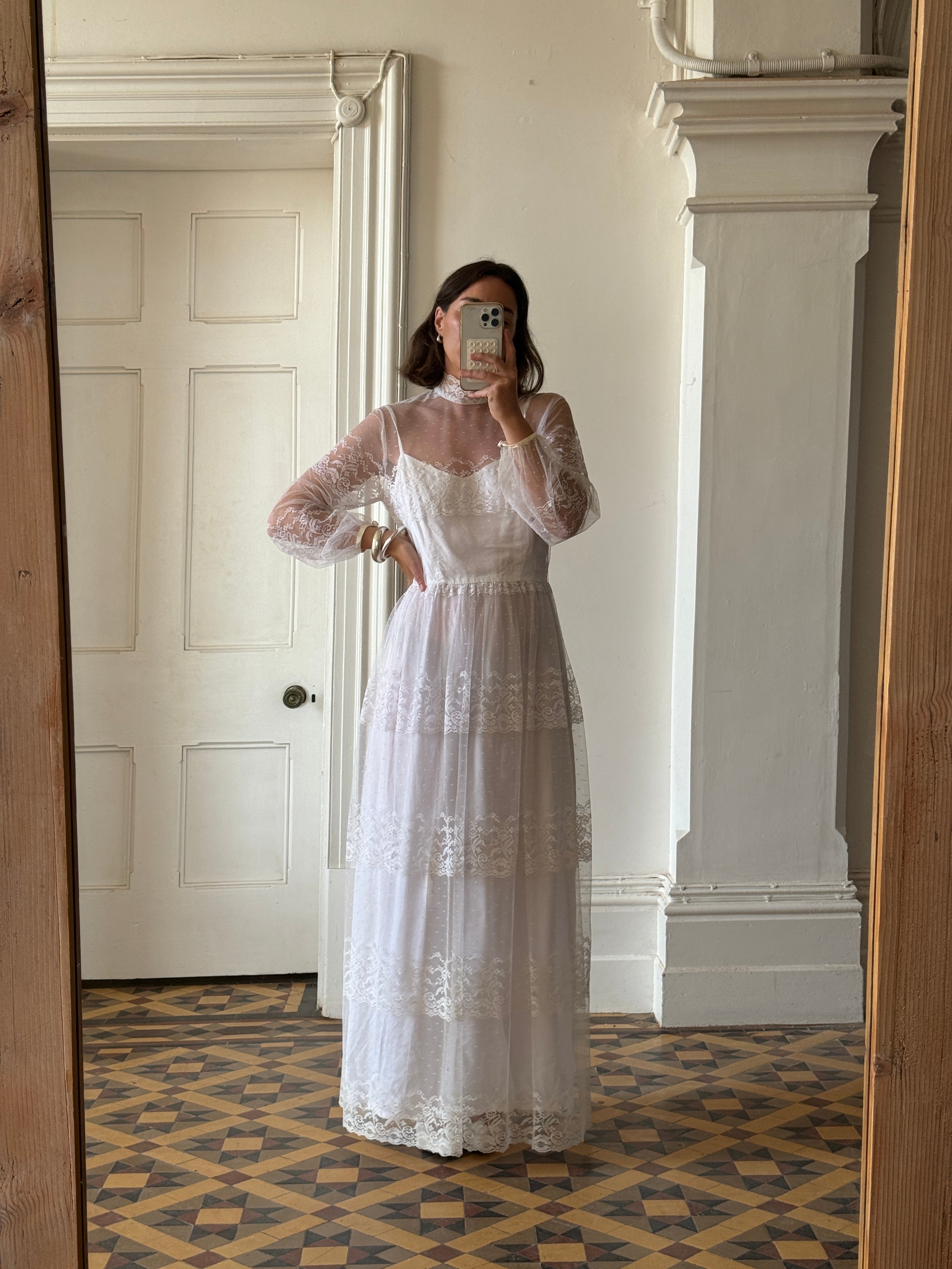Vintage 70s Lace Long Sleeved High Neck Wedding Dress