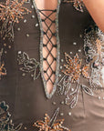 Vintage 90s Pure Silk Beaded Lace Up Dress Chocolate