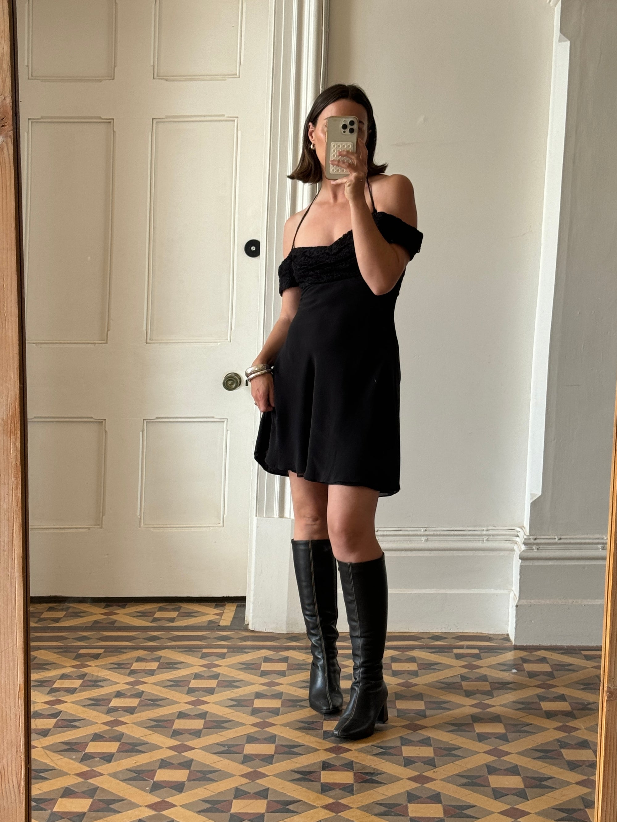 Vintage 90s Off Shoulder Mini Dress Noir