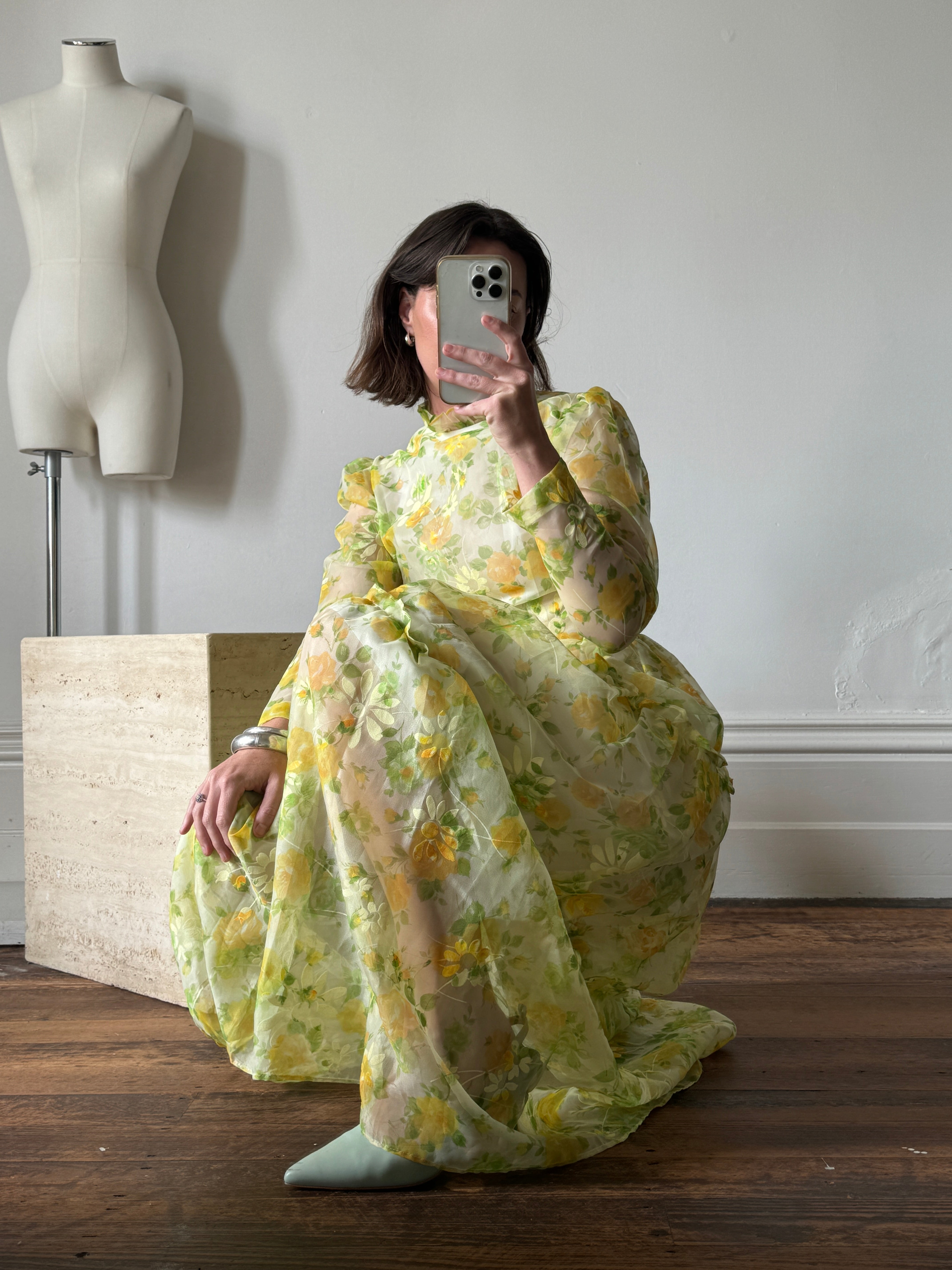 Vintage 70s Lemon Floral Tiered Maxi Dress