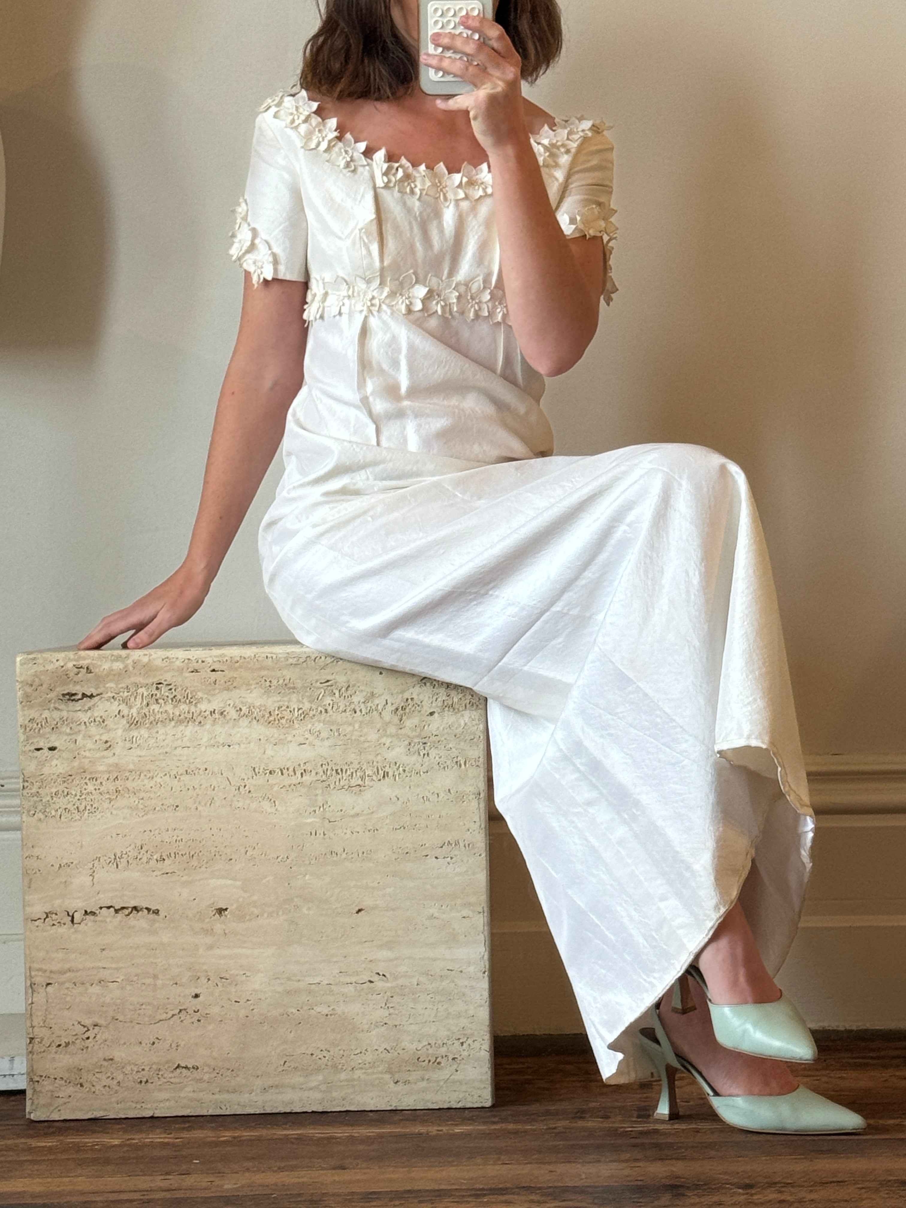Vintage Pure Raw Silk Empire Bridal Dress With Floral Applique