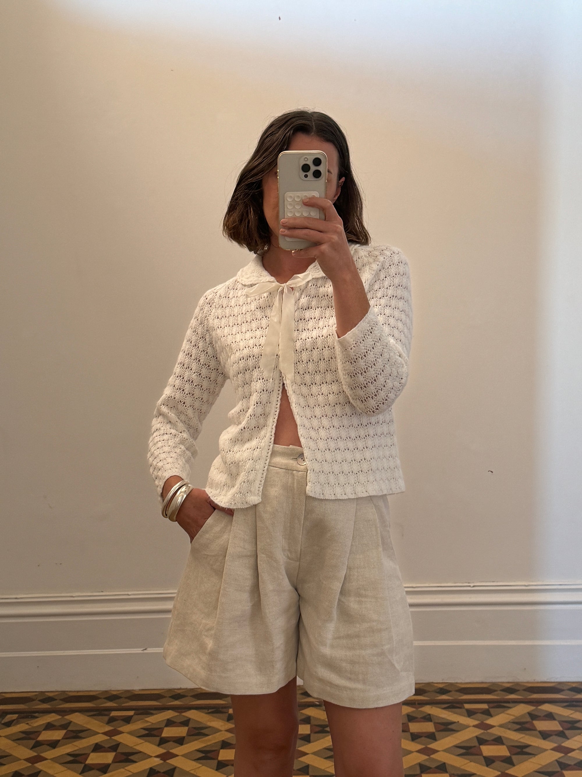 Vintage Knit Tie Up Cardi White