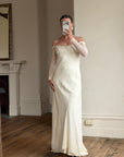 Vintage 90s Pure Silk Chiffon Empire Bow Off Shoulder Wedding Dress