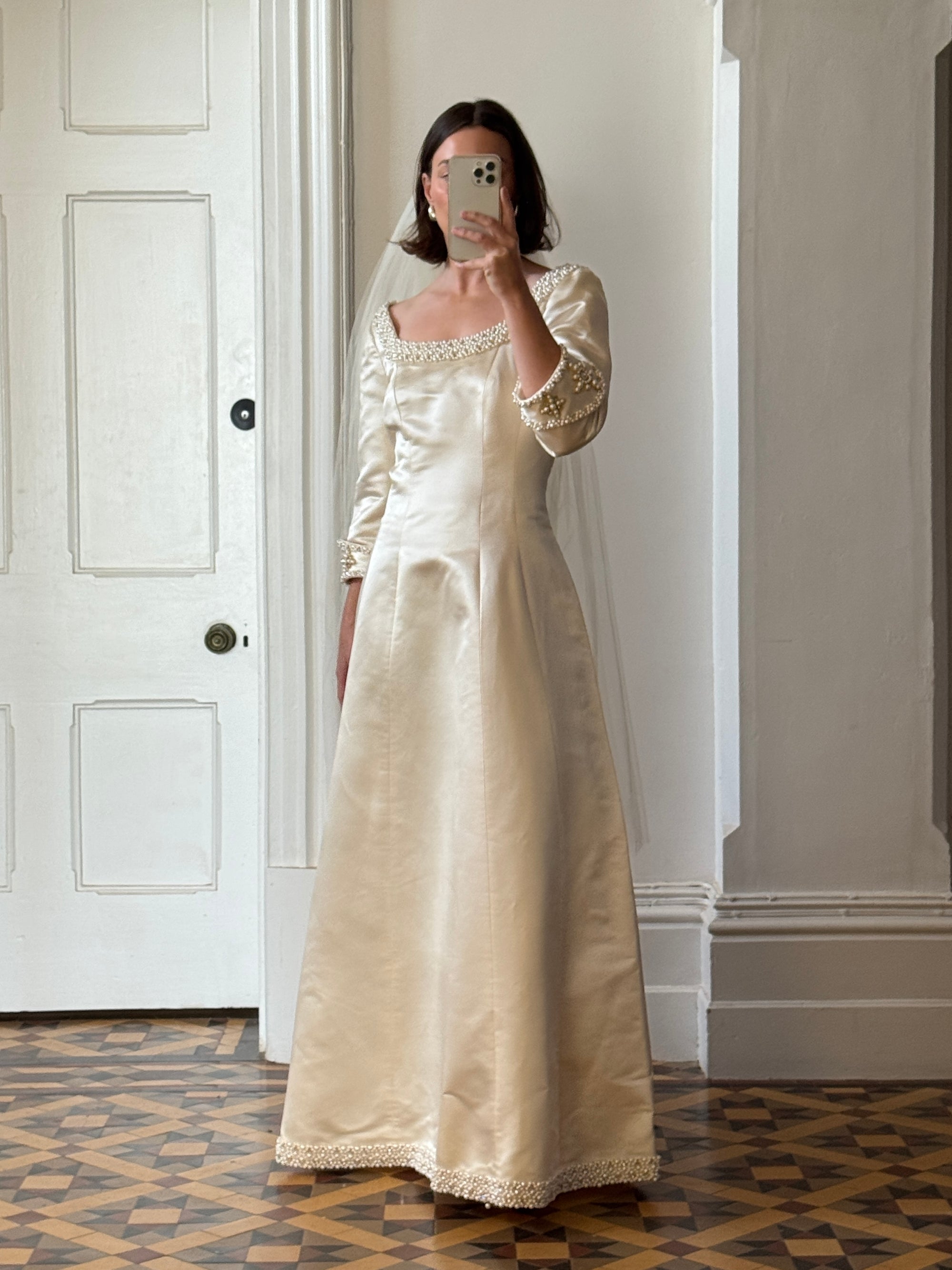 Vintage 90s Pure Silk Satin Baroque Scoop Neck Wedding Gown and Veil
