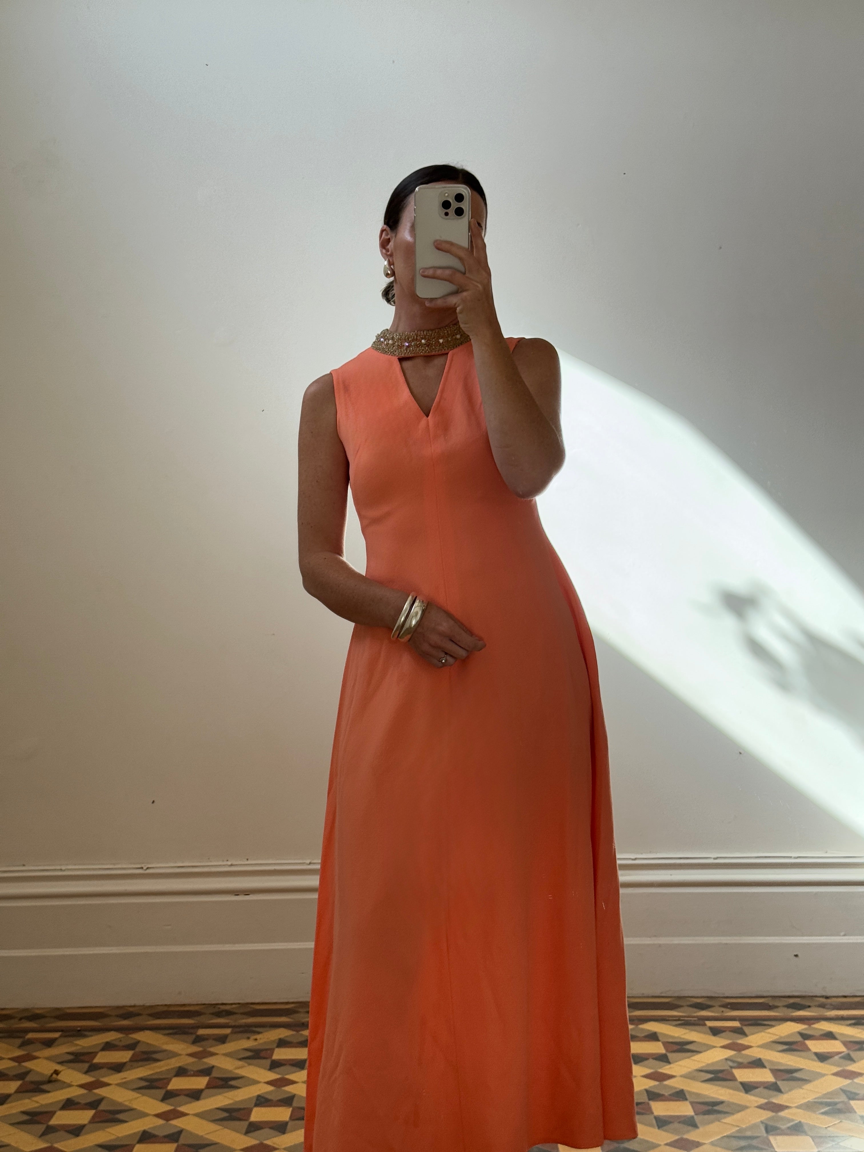 Vintage 70s Rhinestone Collared Sleeveless Dress Coral