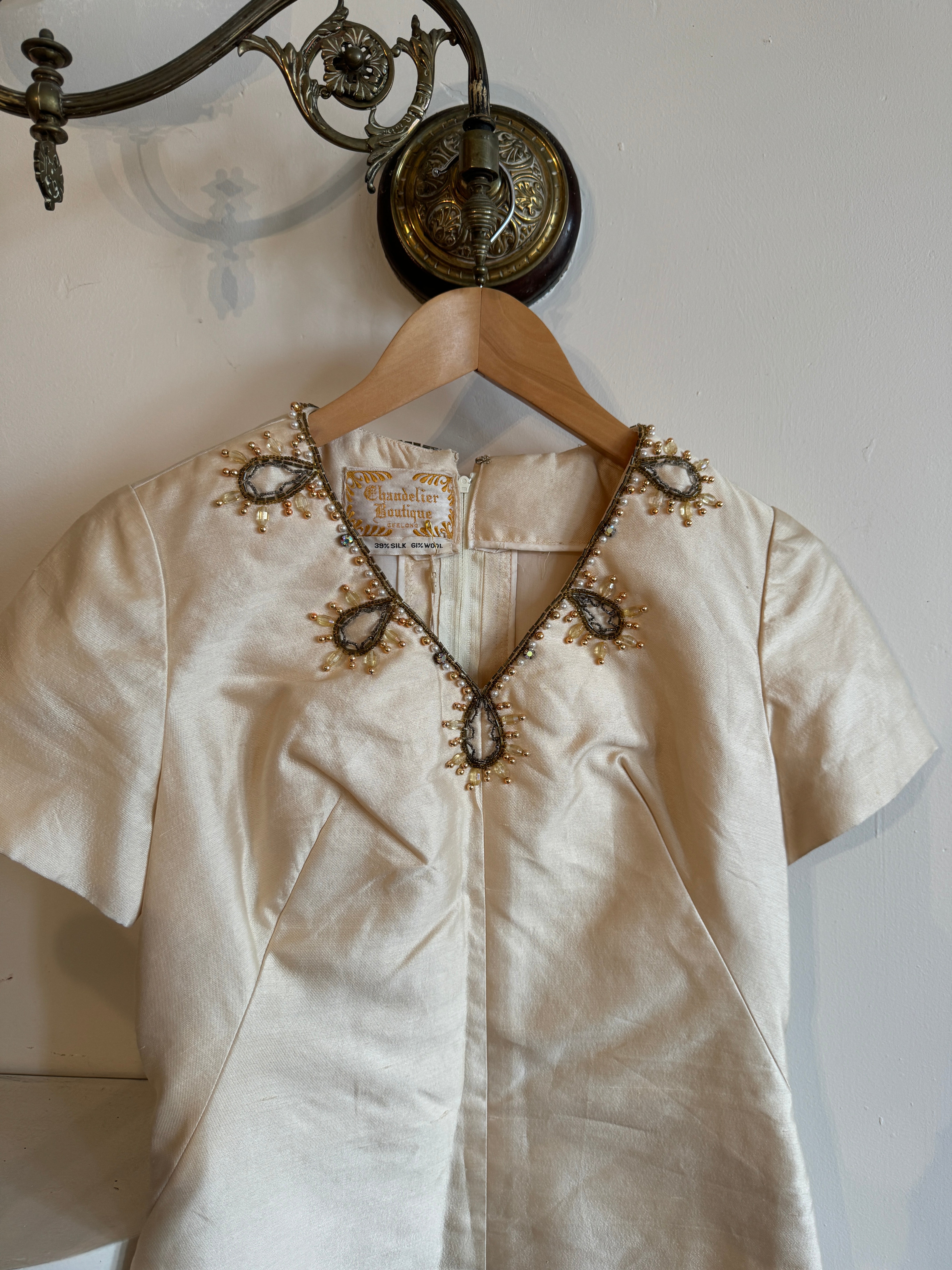 Vintage Silk and Wool Beaded Micro Mini Dress Creme