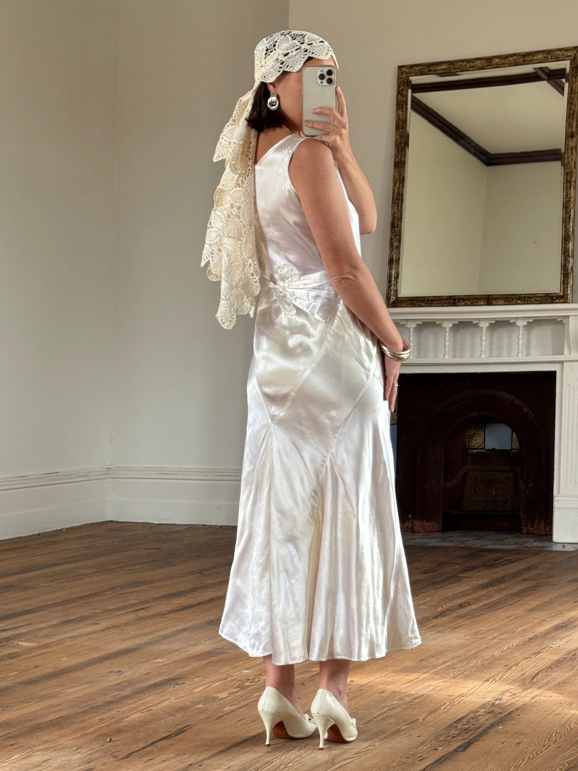 Vintage 30s Satin Bias Belted Bridal Midi