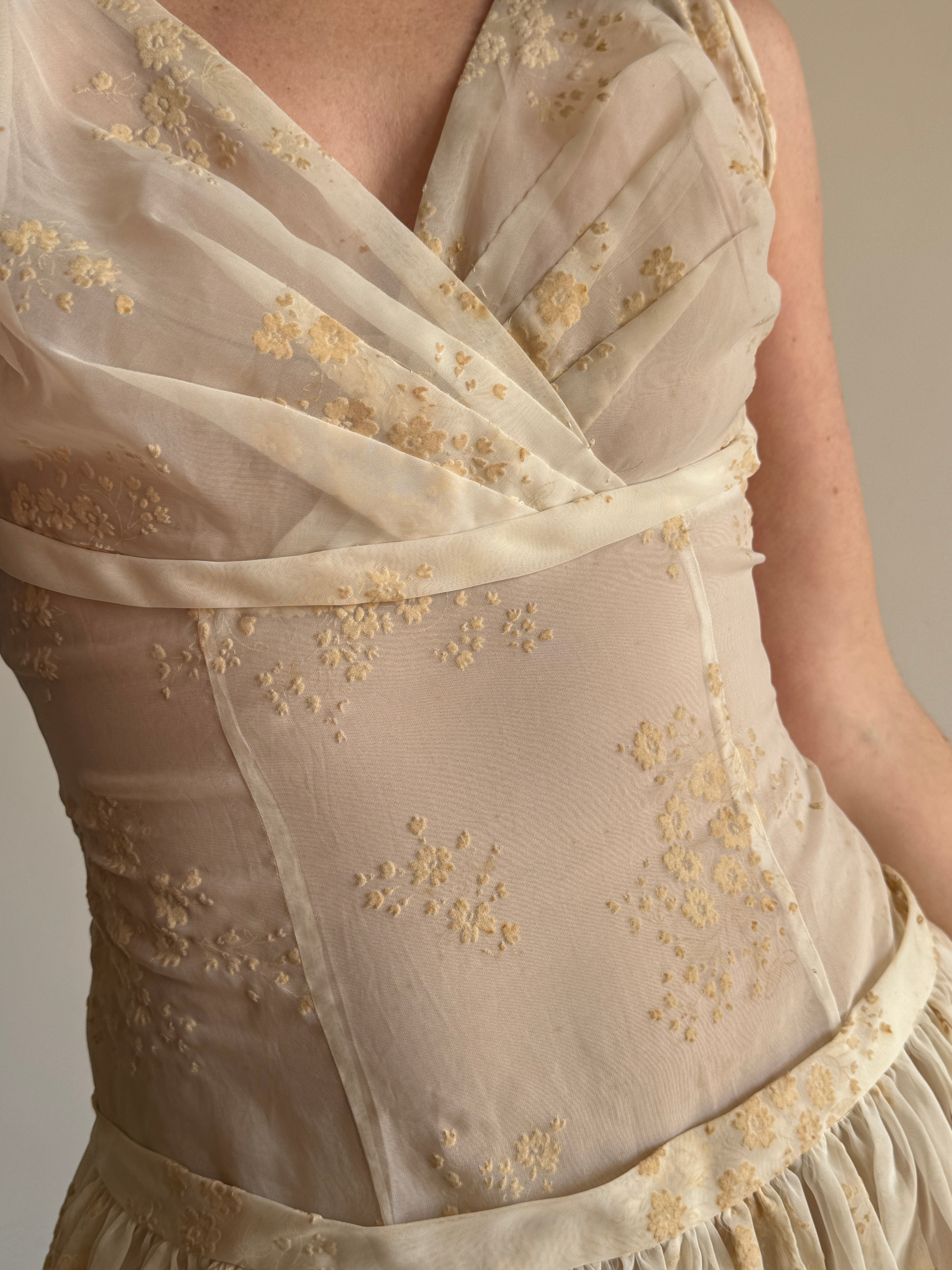 Vintage 50s Flocked Nylon Organza Drop Waist Dress Creme Brulee