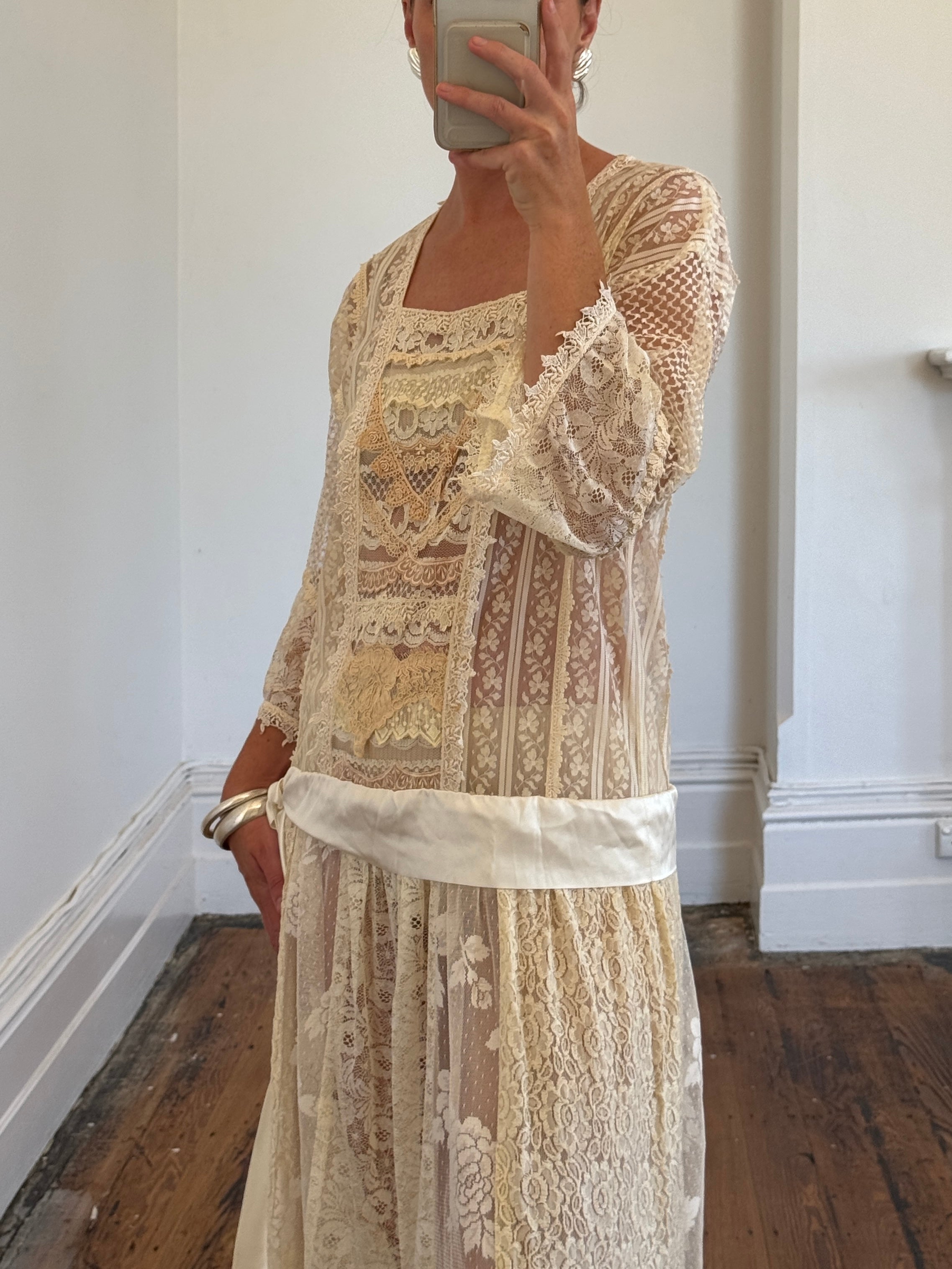 Vintage 80s Drop Waist Patchwork Lace Sheer Wedding Dress