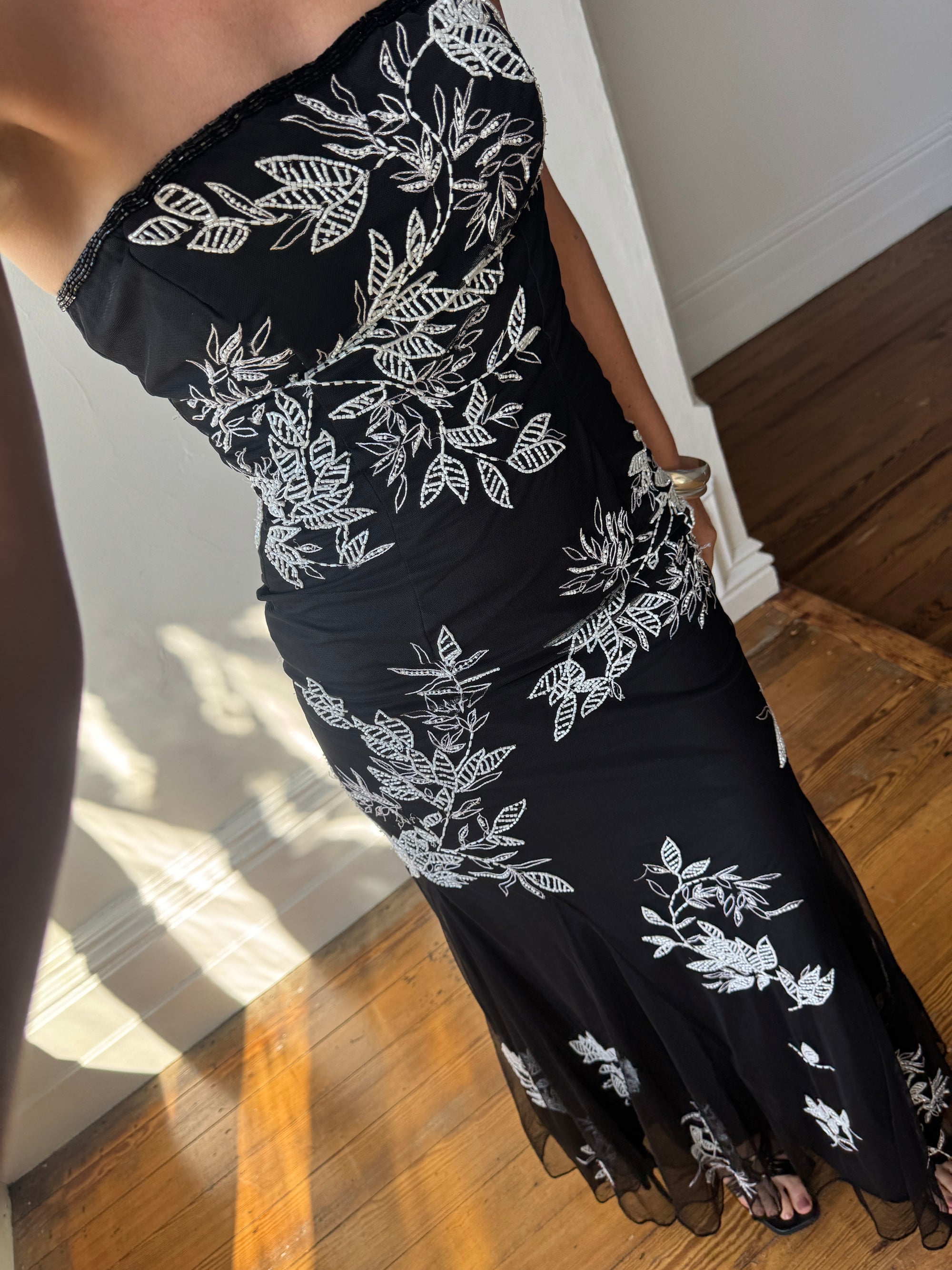 Vintage 90s Embroidered Net Strapless Dress Noir and White