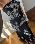 Vintage 90s Embroidered Net Strapless Dress Noir and White