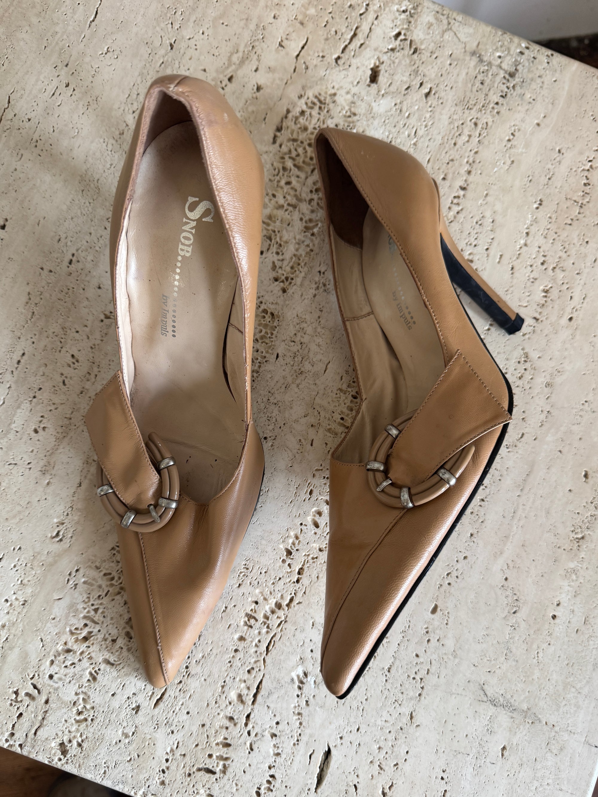 Vintage Y2K Tan Leather Buckle Stiletto Heels