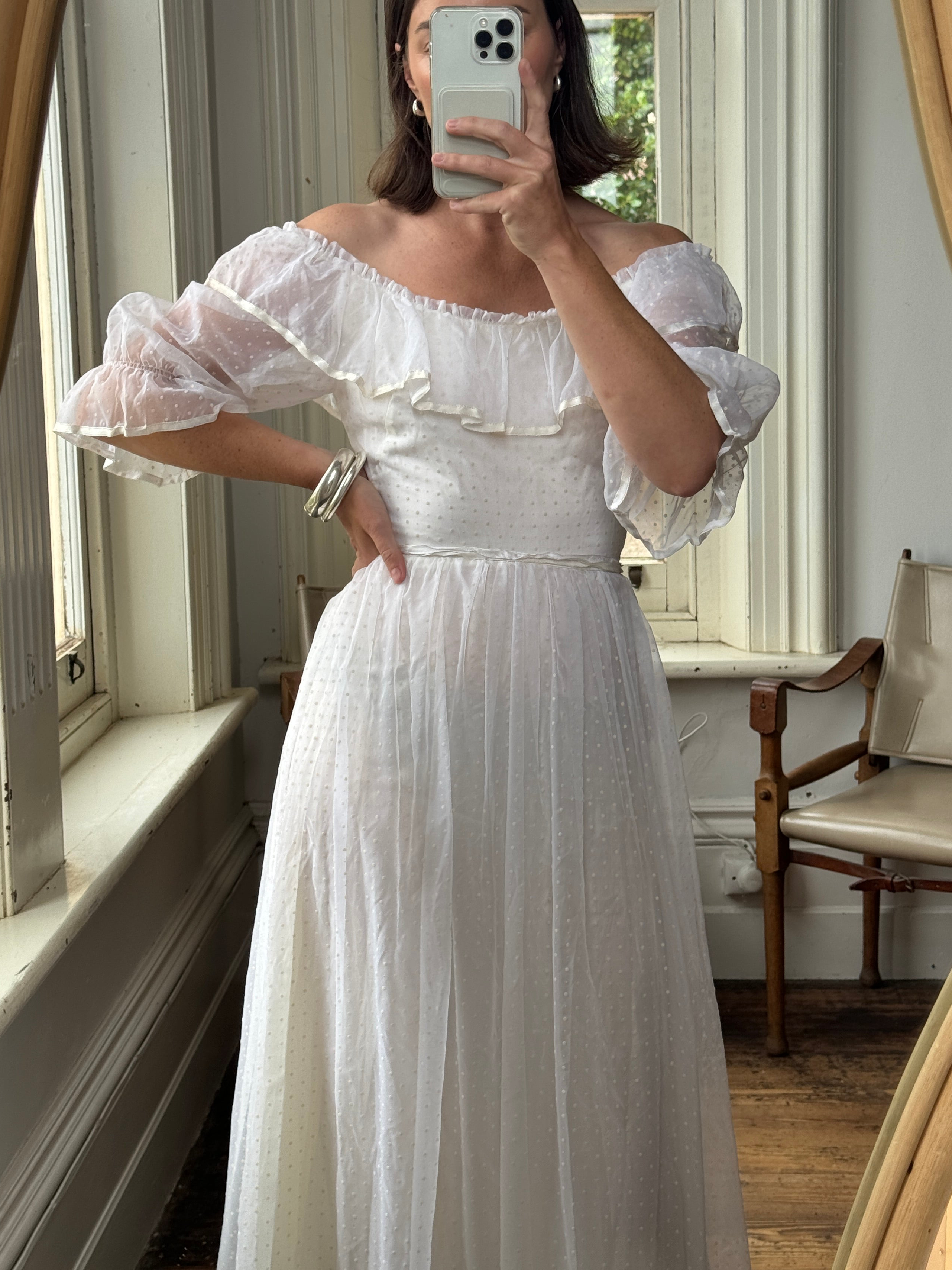 Vintage 70s Polka Dot Ruffle Australian Made Wedding Dress