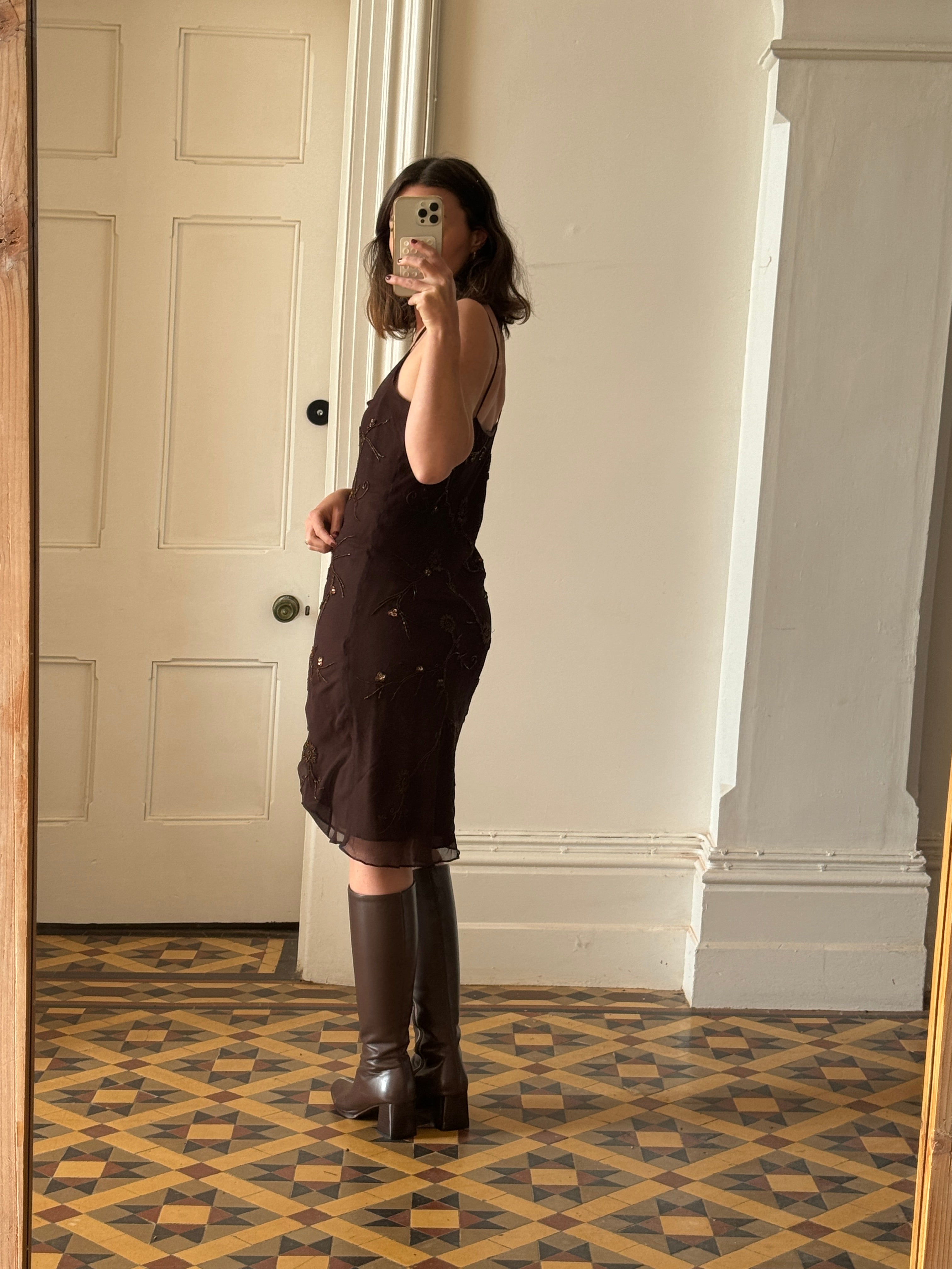 Vintage 90s Pure Silk Bias Cut Beaded Dress Brown