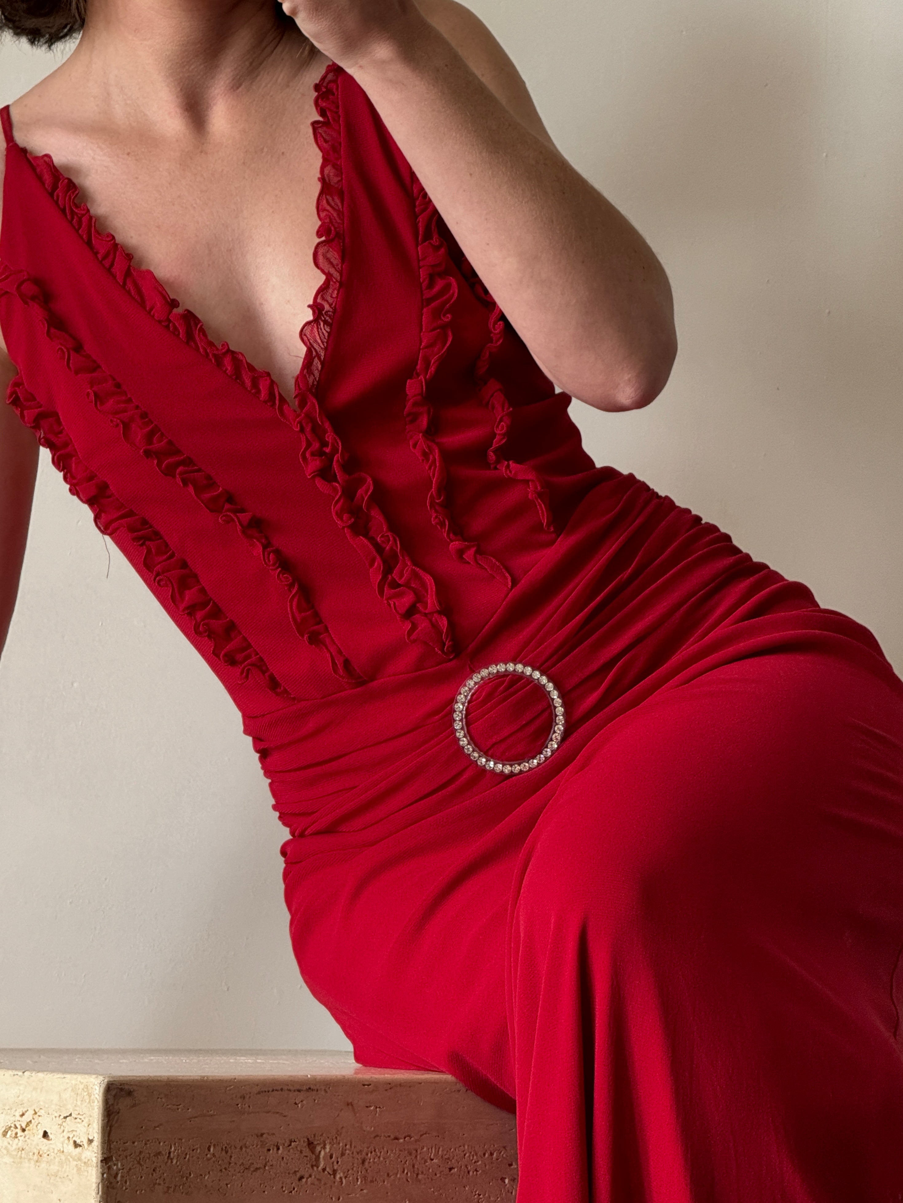 Vintage 90s Flame Red Ruffle Evening Dress with Rhinestone Belt