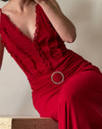 Vintage 90s Flame Red Ruffle Evening Dress with Rhinestone Belt