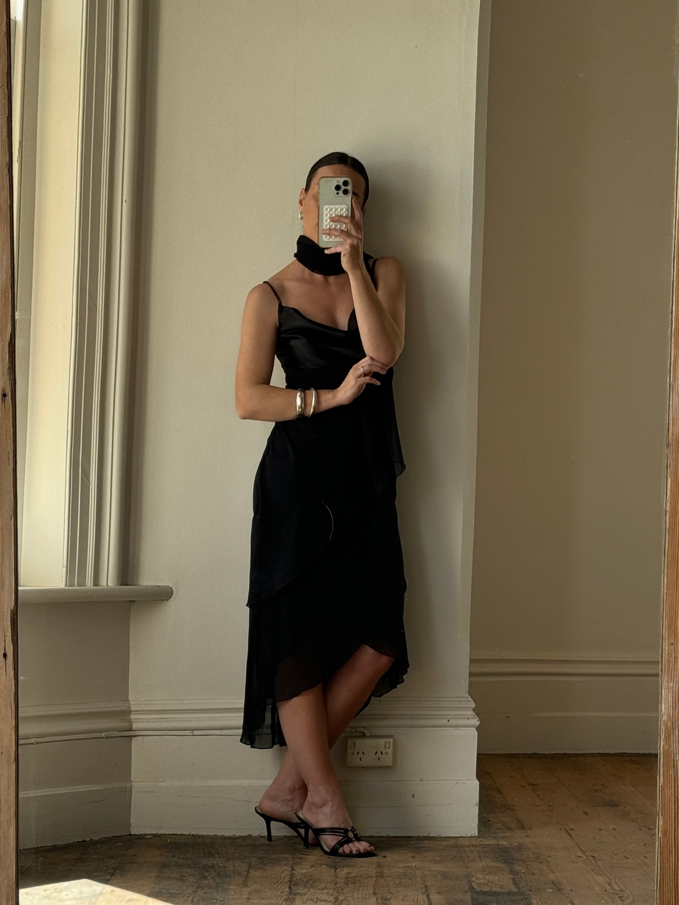 Vintage 90s Satin and Chiffon Cocktail Dress With Scarf Noir