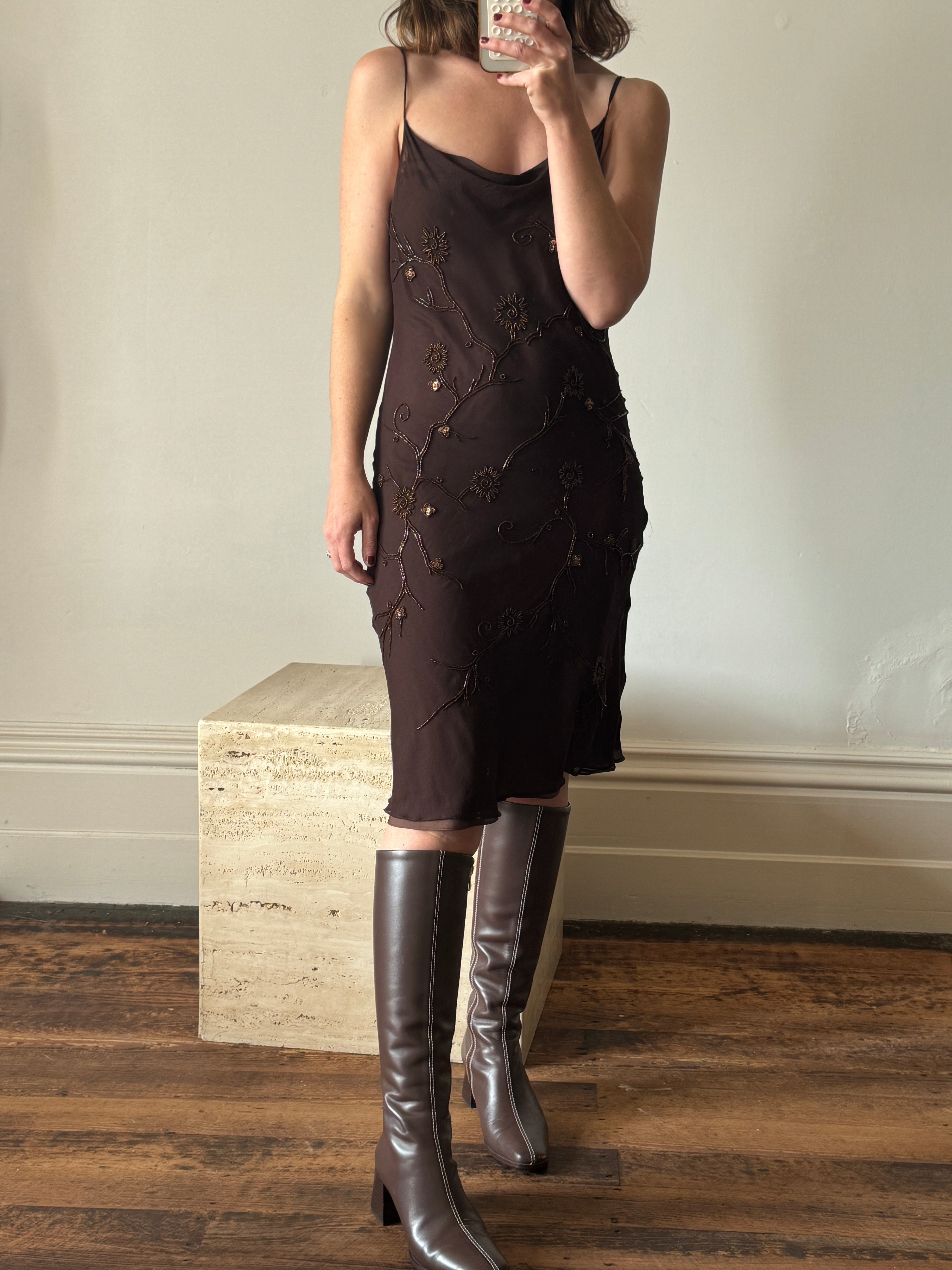 Vintage 90s Pure Silk Bias Cut Beaded Dress Brown