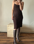 Vintage 90s Pure Silk Bias Cut Beaded Dress Brown