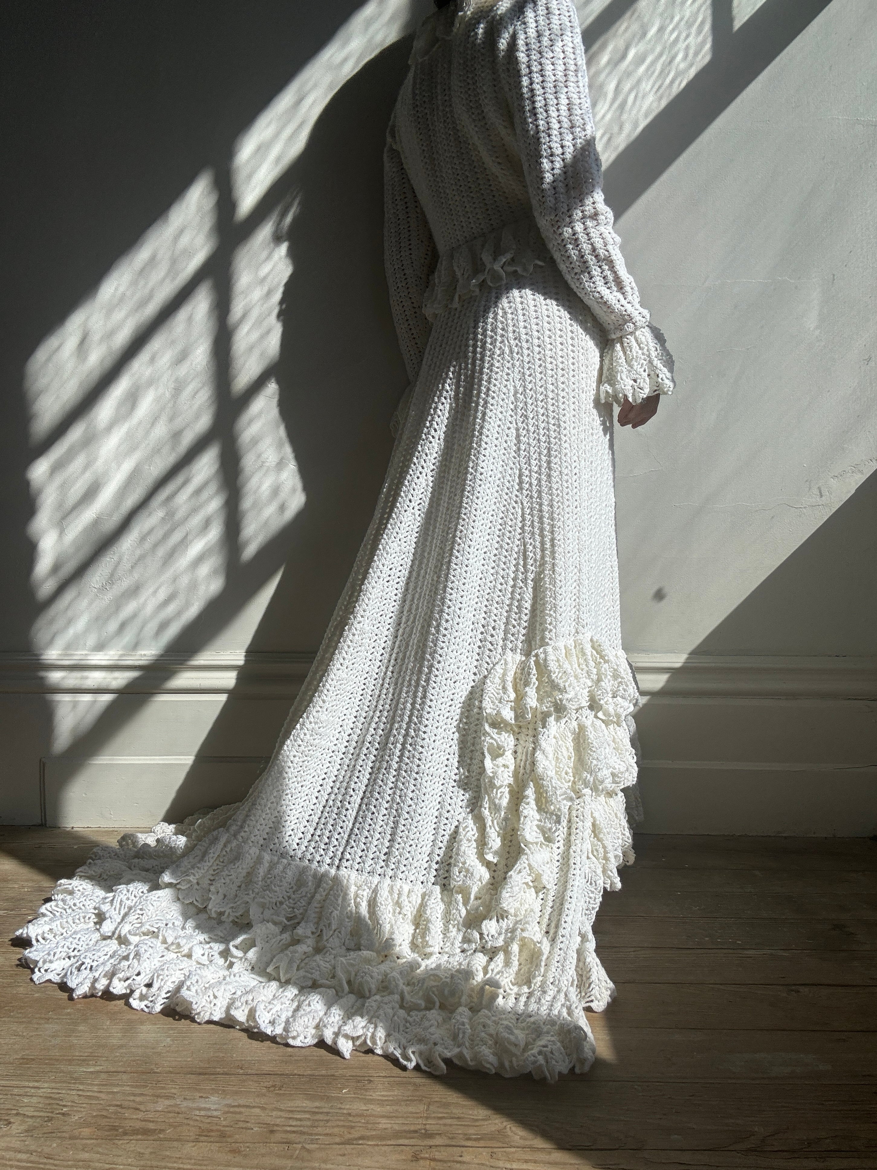Vintage 1970s Crochet Ruffle Couture Wedding Gown